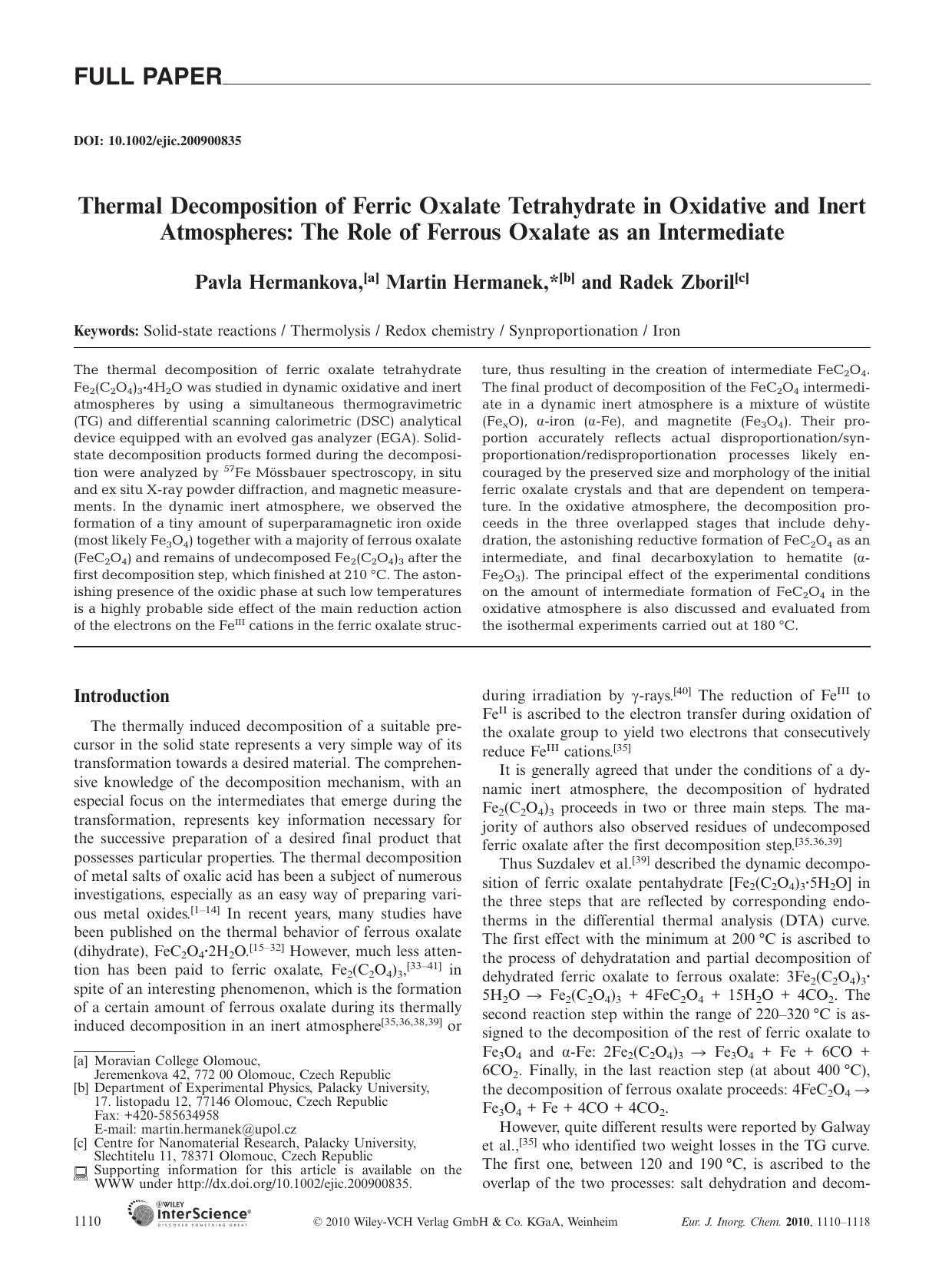 Thermal Decomposition of Ferric Oxalate Tetrahydrate in Oxidative and Inert Atmospheres: The Role of Ferrous Oxalate as an Intermediate by Unknown