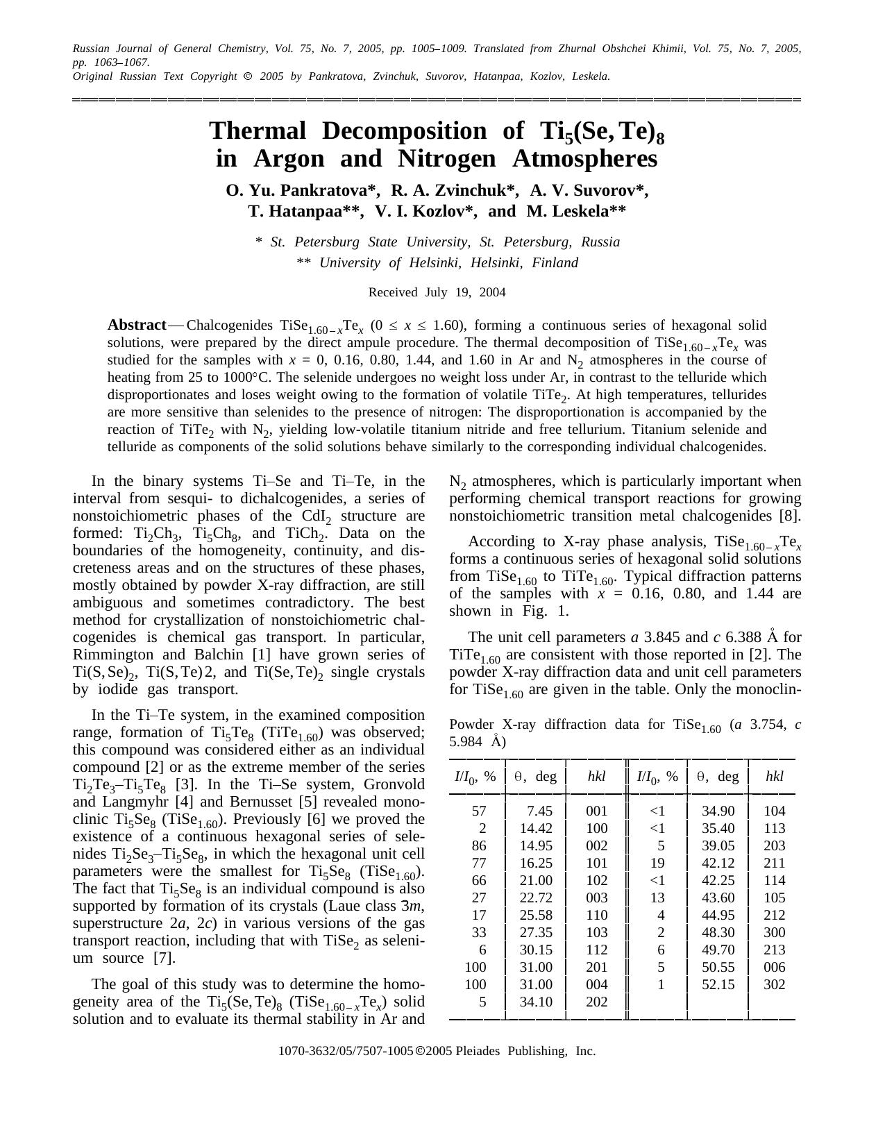 Thermal Decomposition of Ti<Subscript>5<Subscript>(Se, Te)<Subscript>8<Subscript> in Argon and Nitrogen Atmospheres by Unknown
