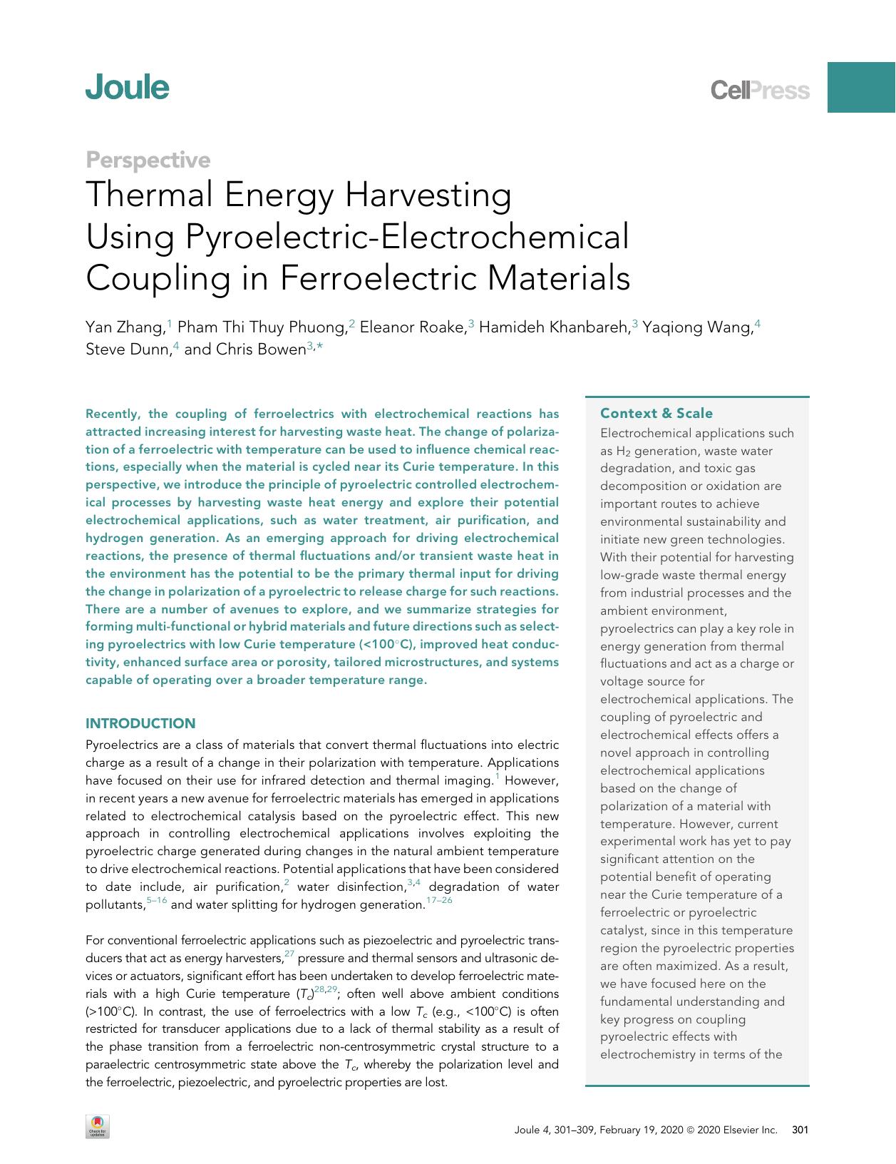 Thermal Energy Harvesting Using Pyroelectric-Electrochemical Coupling in Ferroelectric Materials by unknow