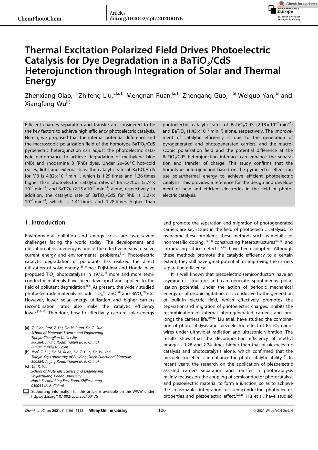 Thermal Excitation Polarized Field Drives Photoelectric Catalysis for Dye Degradation in a BaTiO3CdS Heterojunction through Integration of Solar and Thermal Energy by Unknown