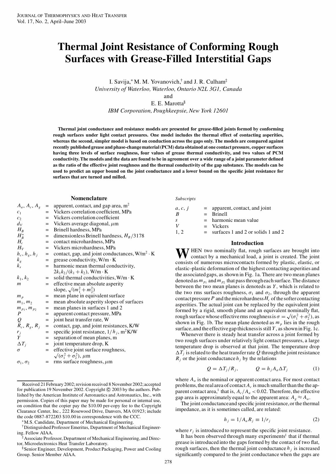 Thermal Joint Resistance of Conforming Rough Surfaces with Grease-Filled Interstitial Gaps by Unknown
