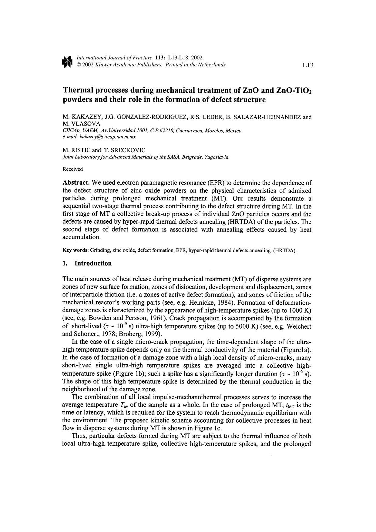 Thermal Processes During Mechanical Treatment of ZnO and ZnO-TiO<Subscript>2<Subscript> Powders and their Role in the Formation of Defect Structure by Unknown