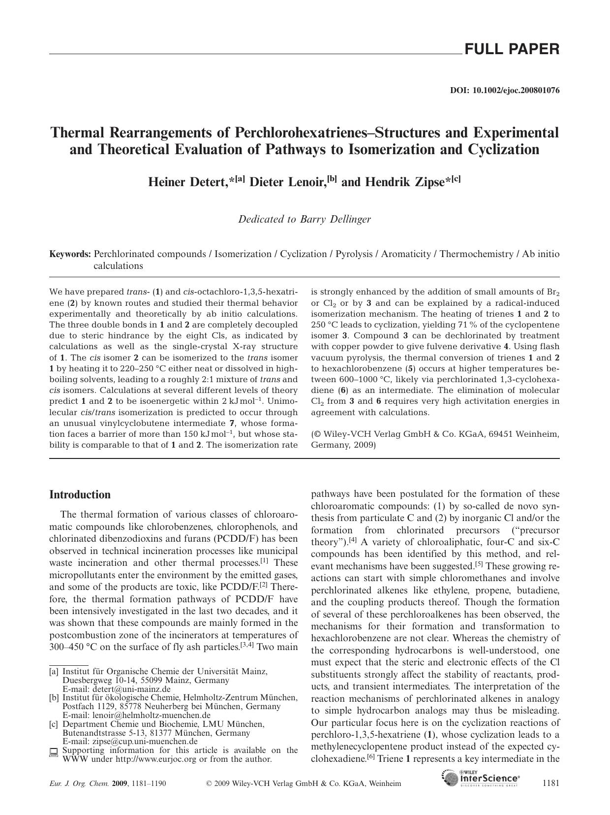 Thermal Rearrangements of Perchlorohexatrienes-Structures and Experimental and Theoretical Evaluation of Pathways to Isomerization and Cyclization by Unknown