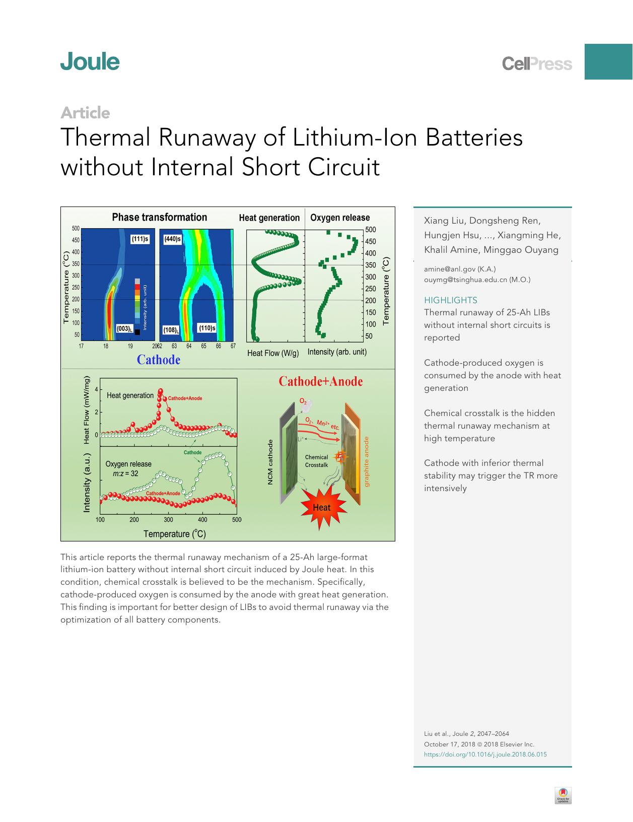 Thermal Runaway of Lithium-Ion Batteries without Internal Short Circuit by unknow