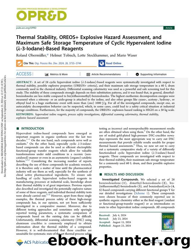 Thermal Stability, OREOS+ Explosive Hazard Assessment, and Maximum Safe Storage Temperature of Cyclic Hypervalent Iodine (Î»-3-Iodane)-Based Reagents by Roland Obermüller Helmut Tobisch Lotte Stockhammer & Mario Waser