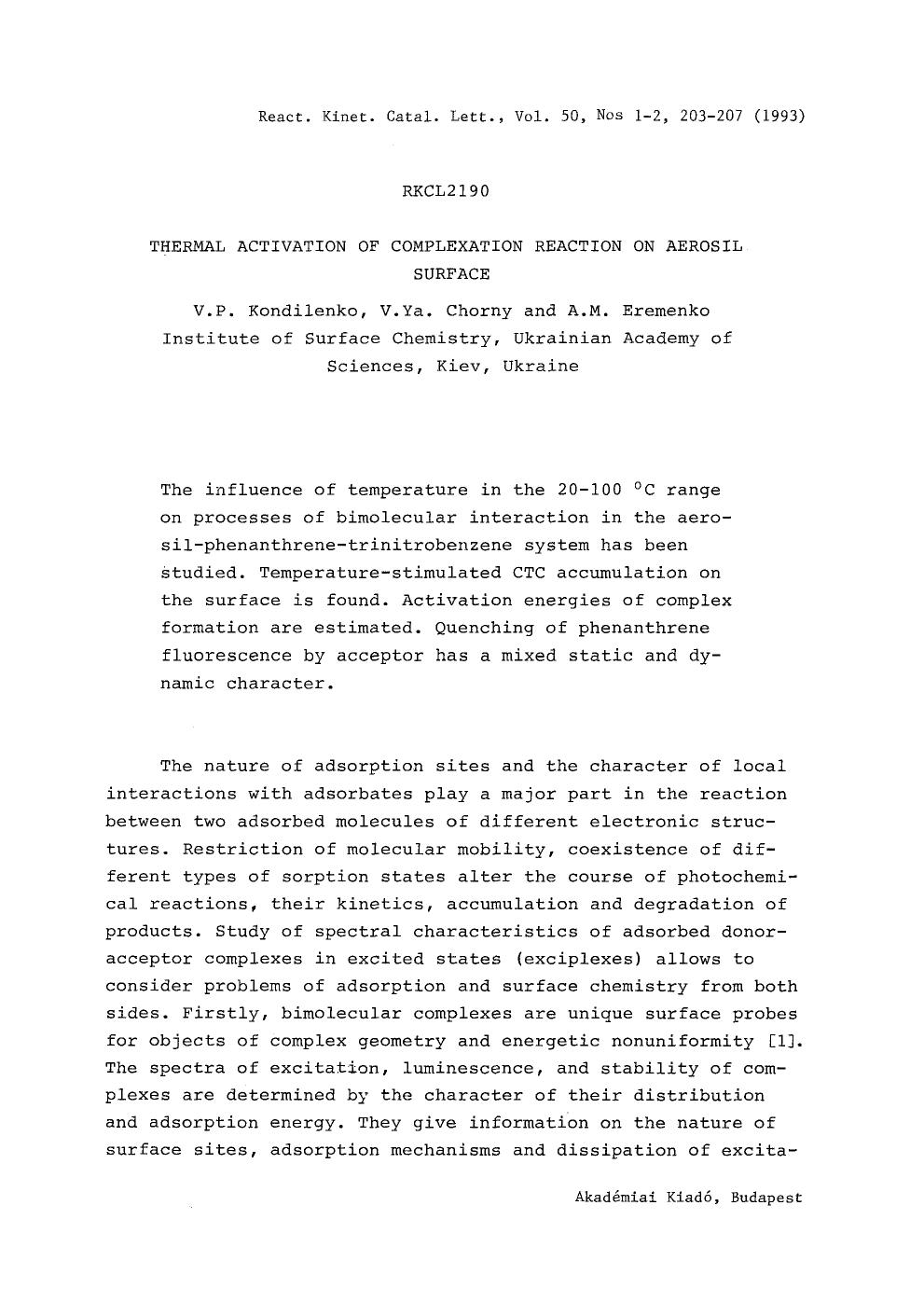 Thermal activation of complexation reaction on aerosil surface by Unknown