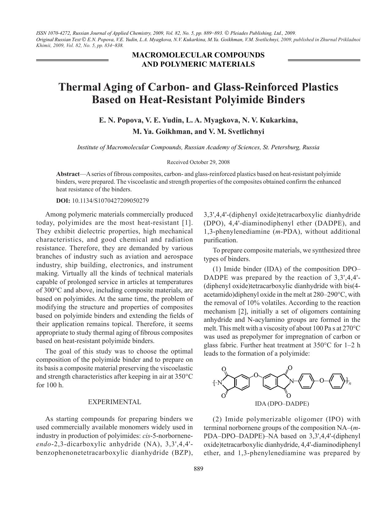 Thermal aging of carbon- and glass-reinforced plastics based on heat-resistant polyimide binders by Unknown
