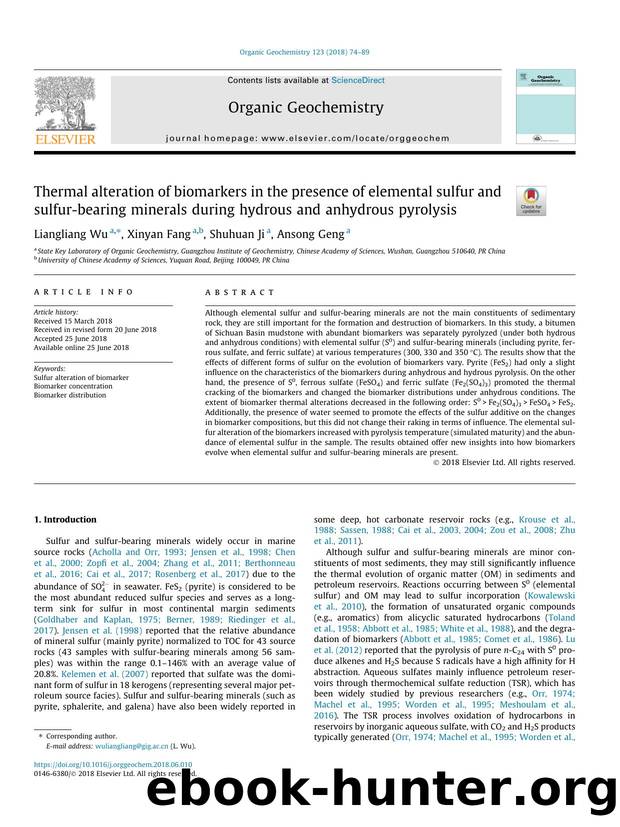 Thermal alteration of biomarkers in the presence of elemental sulfur and sulfur-bearing minerals during hydrous and anhydrous pyrolysis by Liangliang Wu & Xinyan Fang & Shuhuan Ji & Ansong Geng
