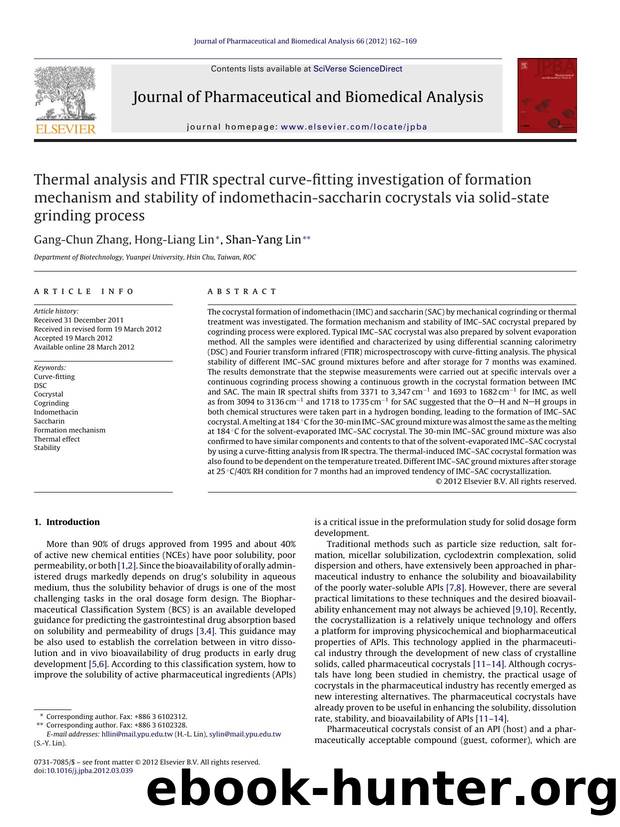 Thermal analysis and FTIR spectral curve-fitting investigation of formation mechanism and stability of indomethacin-saccharin cocrystals via solid-state grinding process by Gang-Chun Zhang