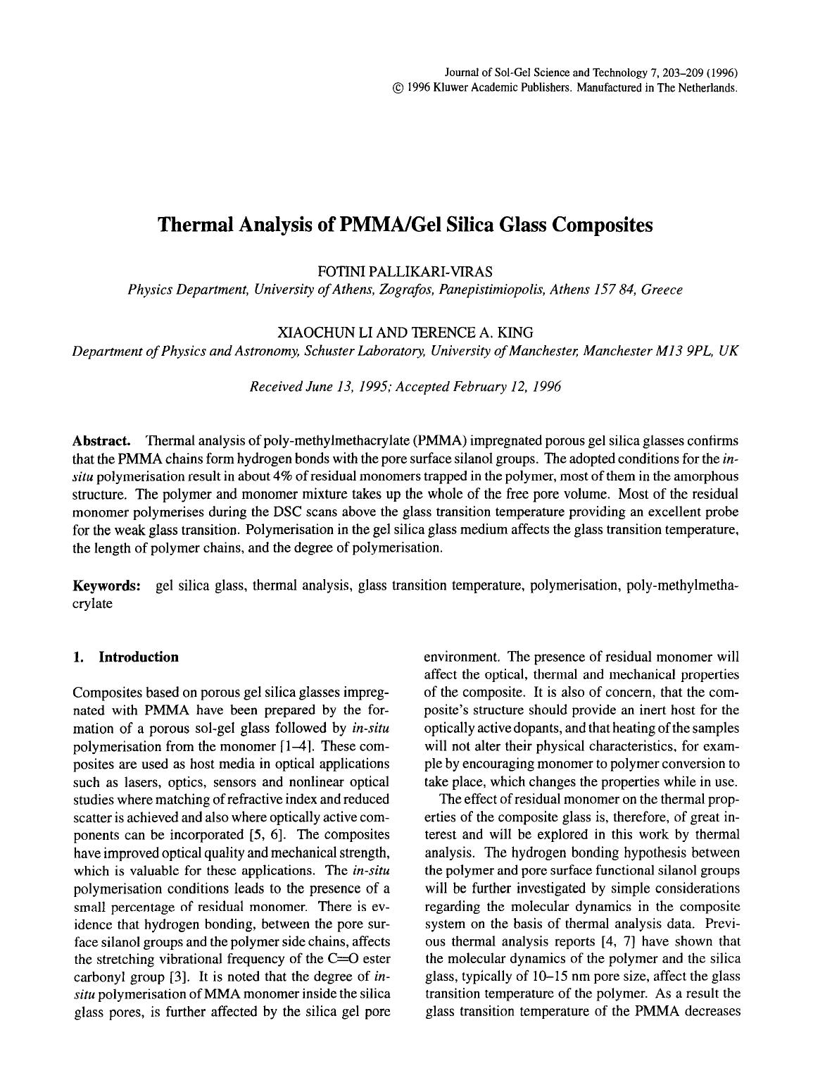 Thermal analysis of PMMAgel silica glass composites by Unknown