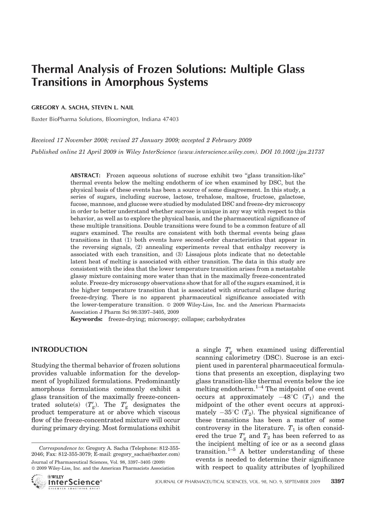 Thermal analysis of frozen solutions: Multiple glass transitions in amorphous systems by Unknown