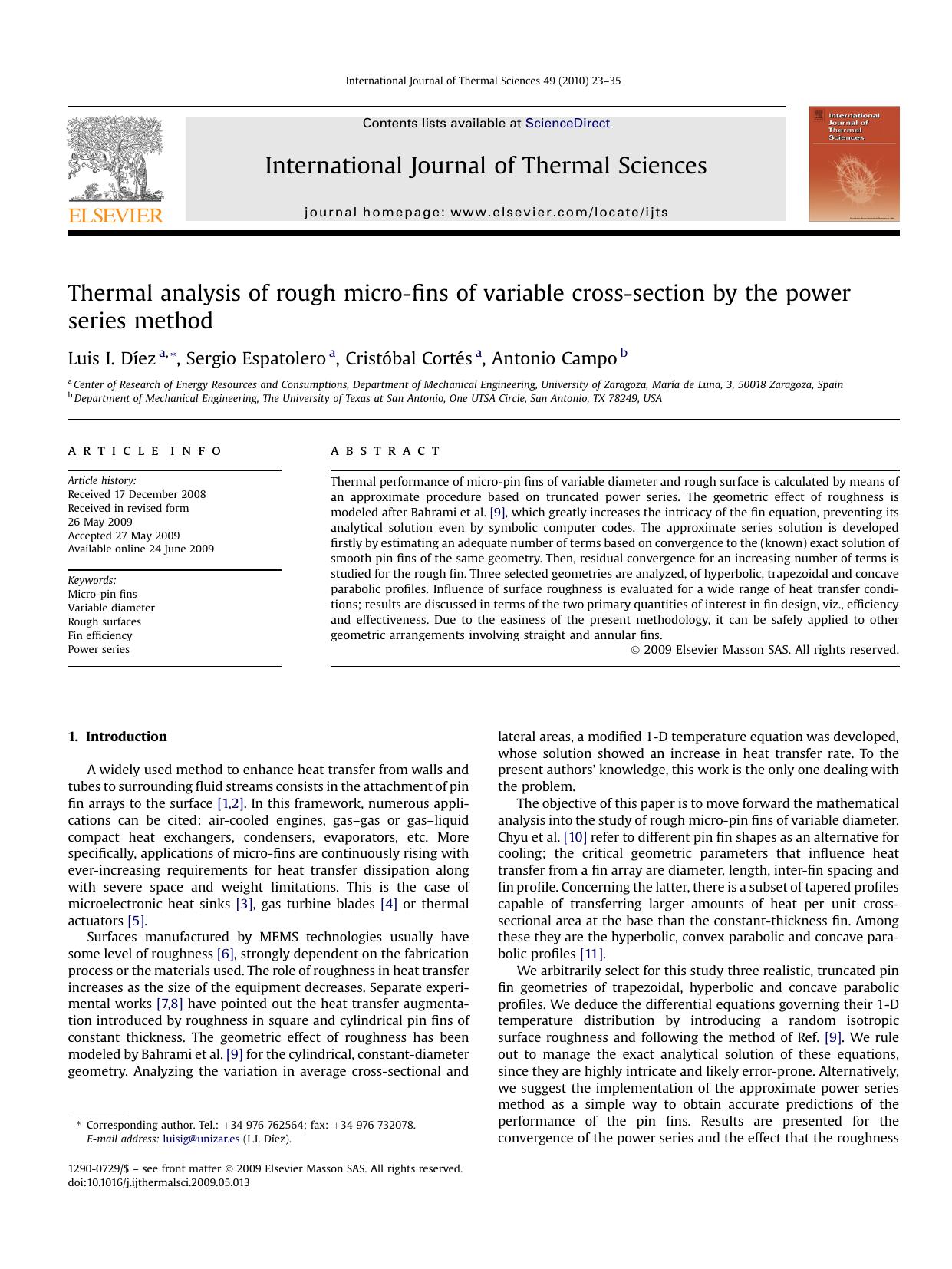 Thermal analysis of rough micro-fins of variable cross-section by the power series method by Luis I. DIez; Sergio Espatolero; CristObal CortEs; Antonio Campo