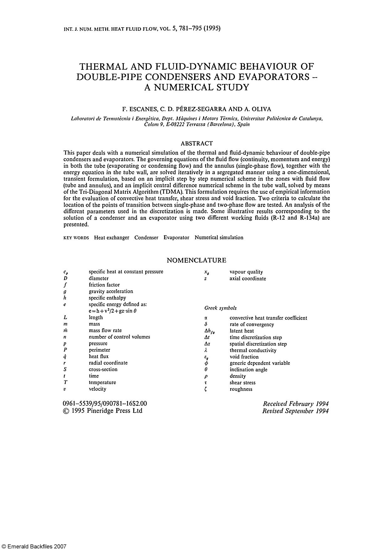 Thermal and Fluid-Dynamic Behaviour of Double-Pipe Condensers and Evaporators - A Numerical Study by F. Escanes & C. D . Perez-Segarra & A. Oliva