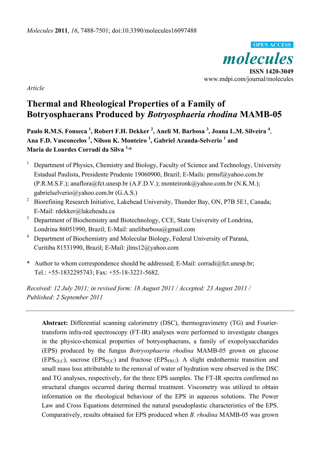 Thermal and Rheological Properties of a Family of Botryosphaerans Produced by Botryosphaeria rhodina MAMB-05 by unknow