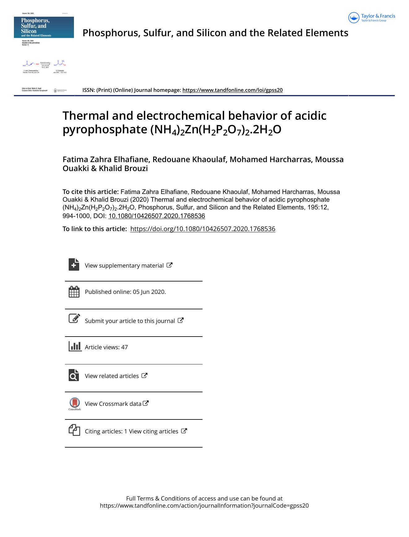 Thermal and electrochemical behavior of acidic pyrophosphate (NH4)2Zn(H2P2O7)2.2H2O by Elhafiane Fatima Zahra & Khaoulaf Redouane & Harcharras Mohamed & Ouakki Moussa & Brouzi Khalid