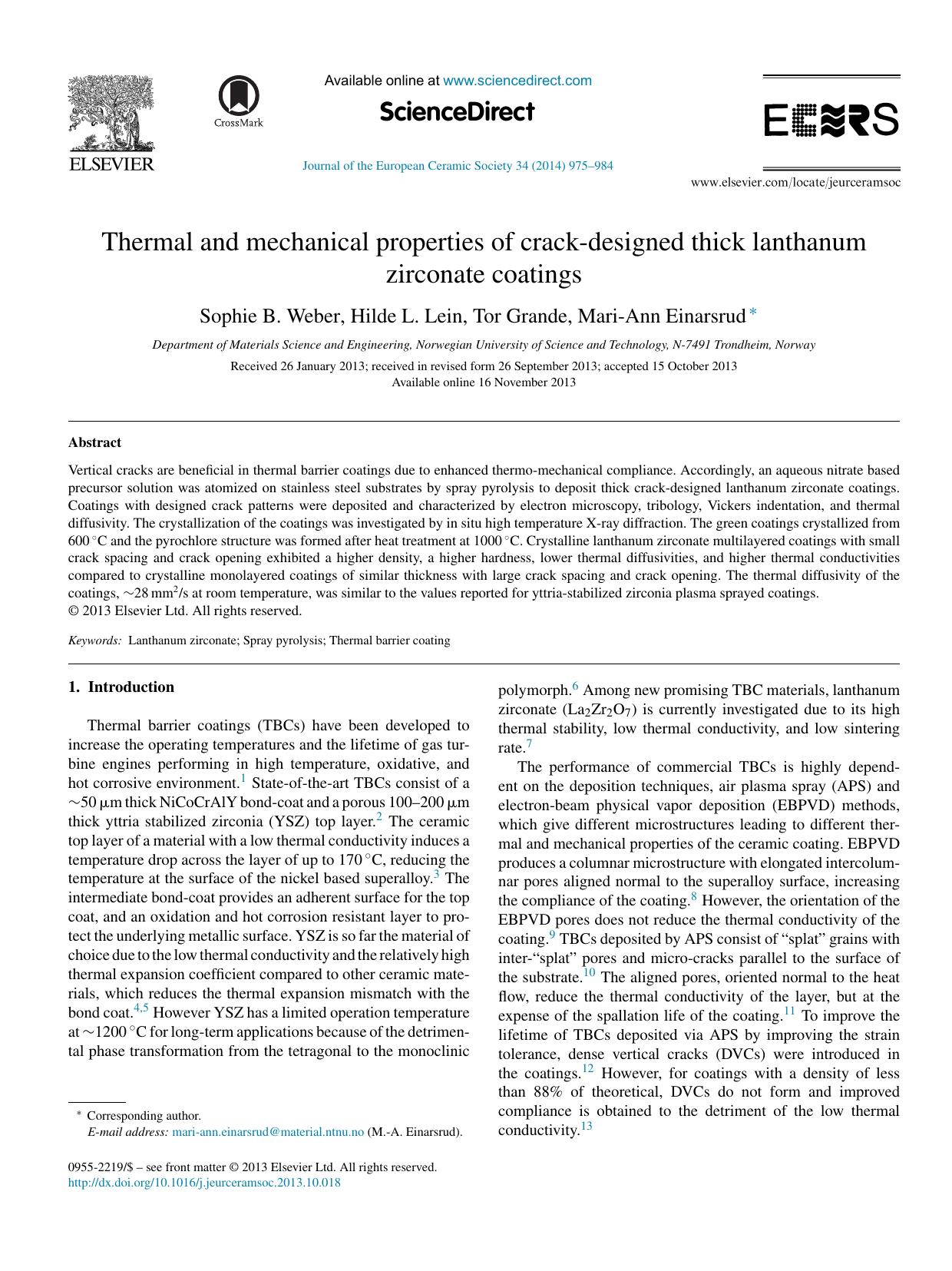 Thermal and mechanical properties of crack-designed thick lanthanum zirconate coatings by Sophie B. Weber & Hilde L. Lein & Tor Grande & Mari-Ann Einarsrud