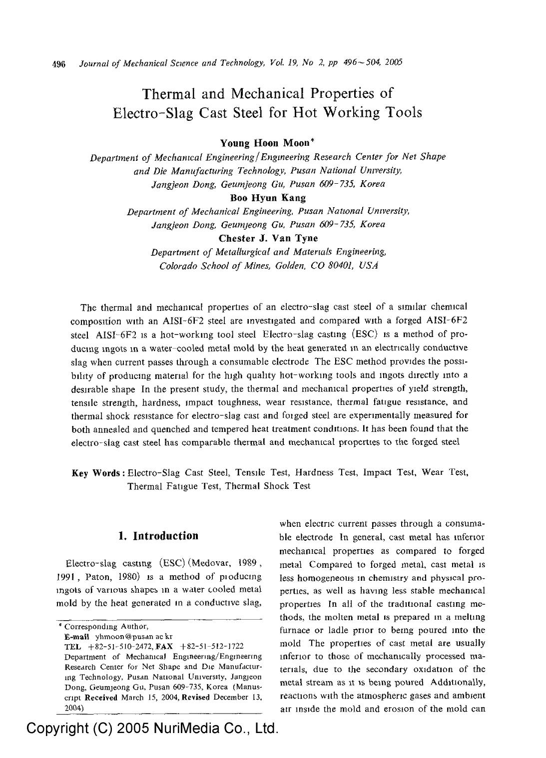 Thermal and mechanical properties of electro-slag cast steel for hot working tools by Unknown