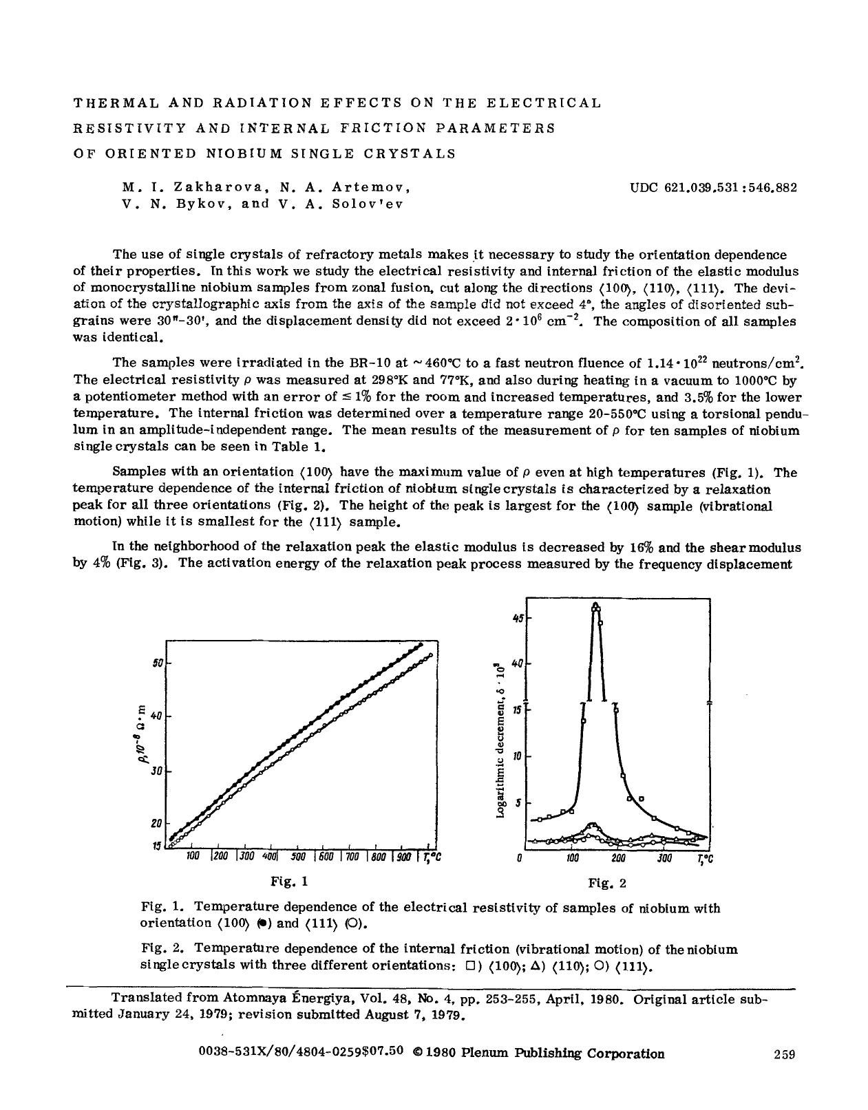 Thermal and radiation effects on the electrical resistivity and internal friction parameters of oriented niobium single crystals by Unknown
