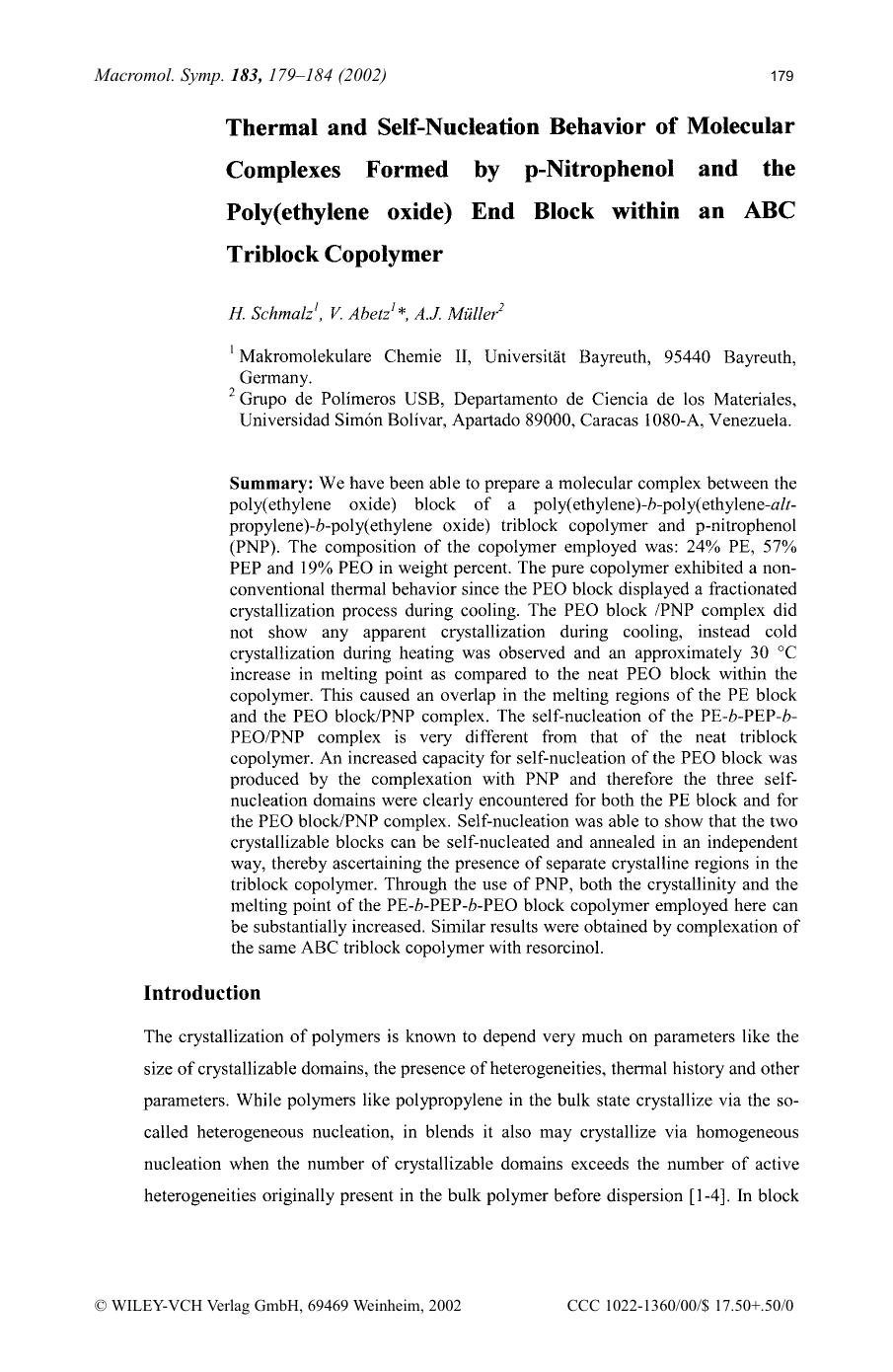 Thermal and self-nucleation behavior of molecular complexes formed by p-nitrophenol and the poly(ethylene oxide) end block within an ABC triblock copolymer by Unknown