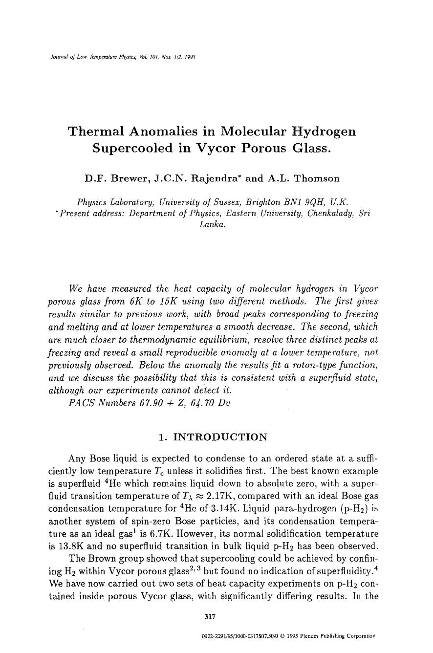 Thermal anomalies in molecular hydrogen supercooled in Vycor porous glass by Unknown