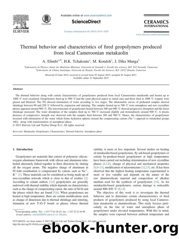 Thermal behavior and characteristics of fired geopolymers produced from local Cameroonian metakaolin by A. Elimbi & H.K. Tchakoute & M. Kondoh & J. Dika Manga