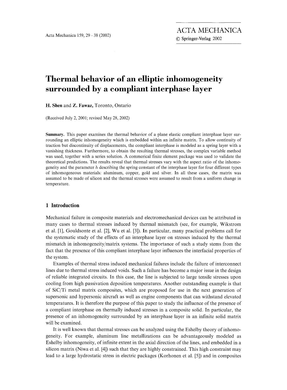 Thermal behavior of an elliptic inhomogeneity surrounded by a compliant interphase layer by Unknown