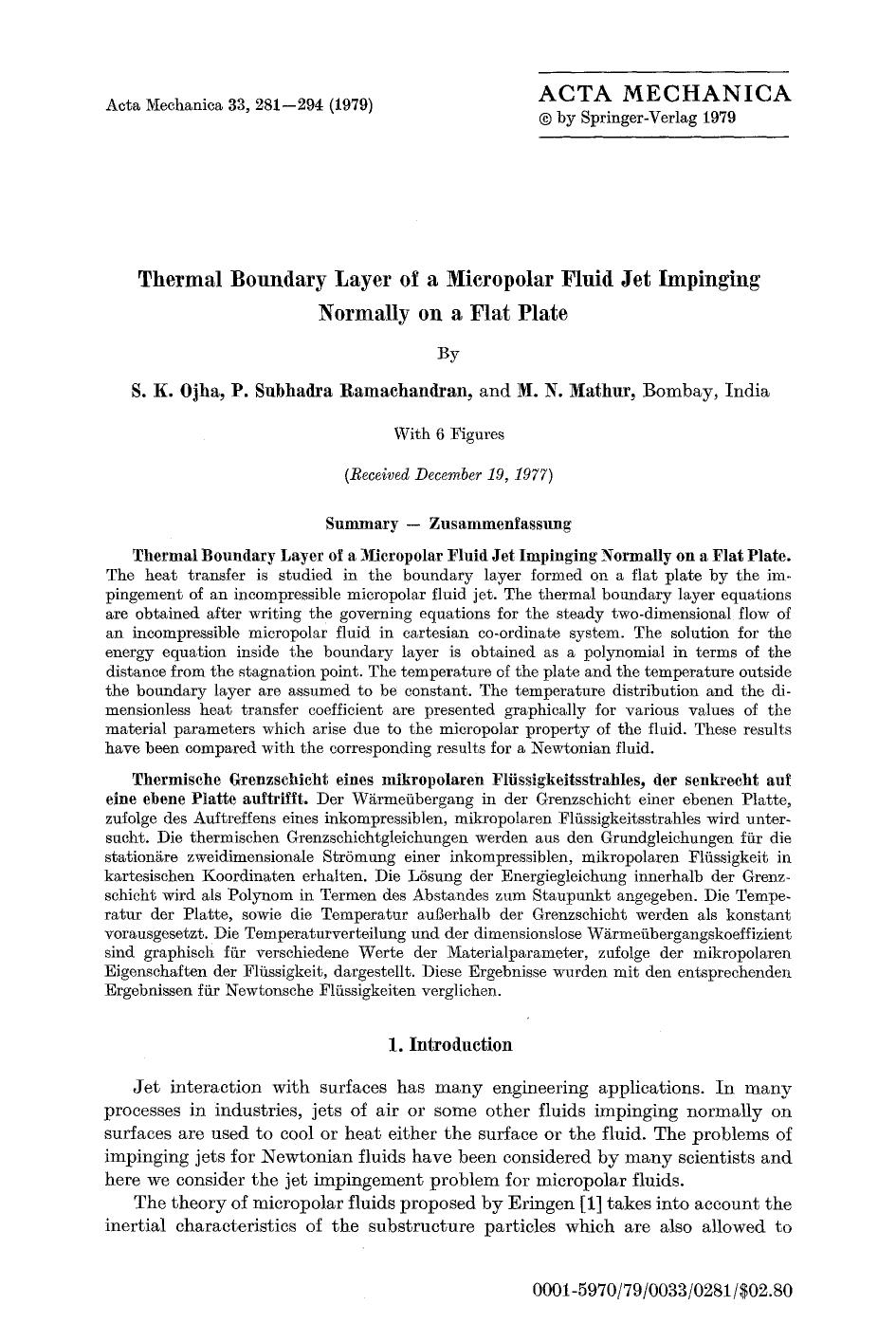 Thermal boundary layer of a micropolar fluid jet impinging normally on a flat plate by Unknown