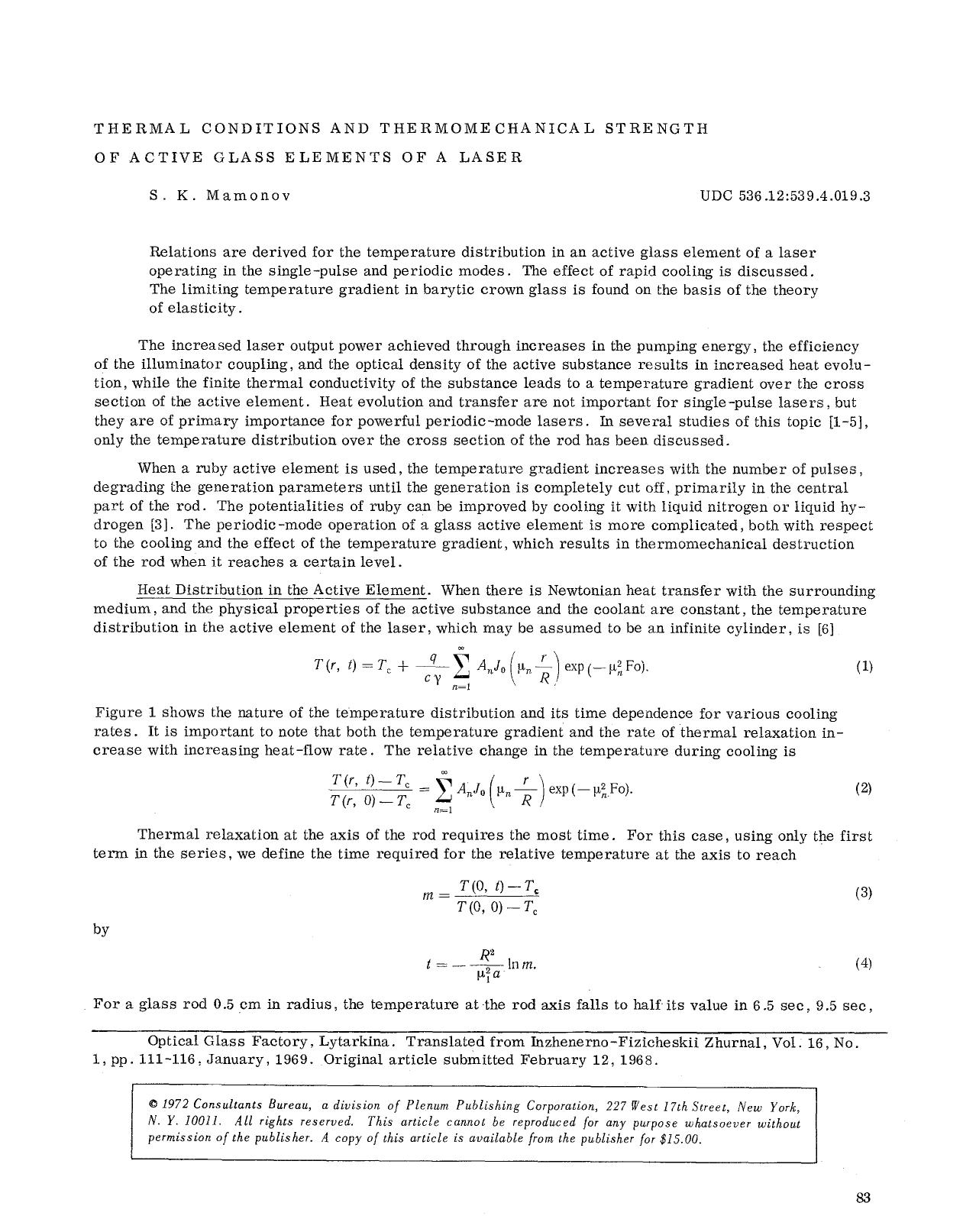 Thermal conditions and thermomechanical strength of active glass elements of a laser by Unknown