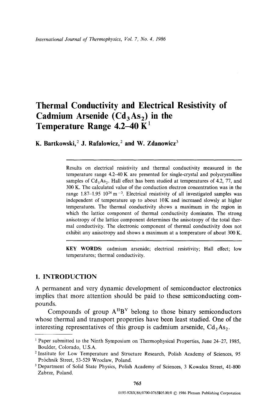 Thermal conductivity and electrical resistivity of cadmium arsenide (Cd<Subscript>3<Subscript>As<Subscript>2<Subscript>) in the temperature range 4.2&#x2013;40 K by Unknown