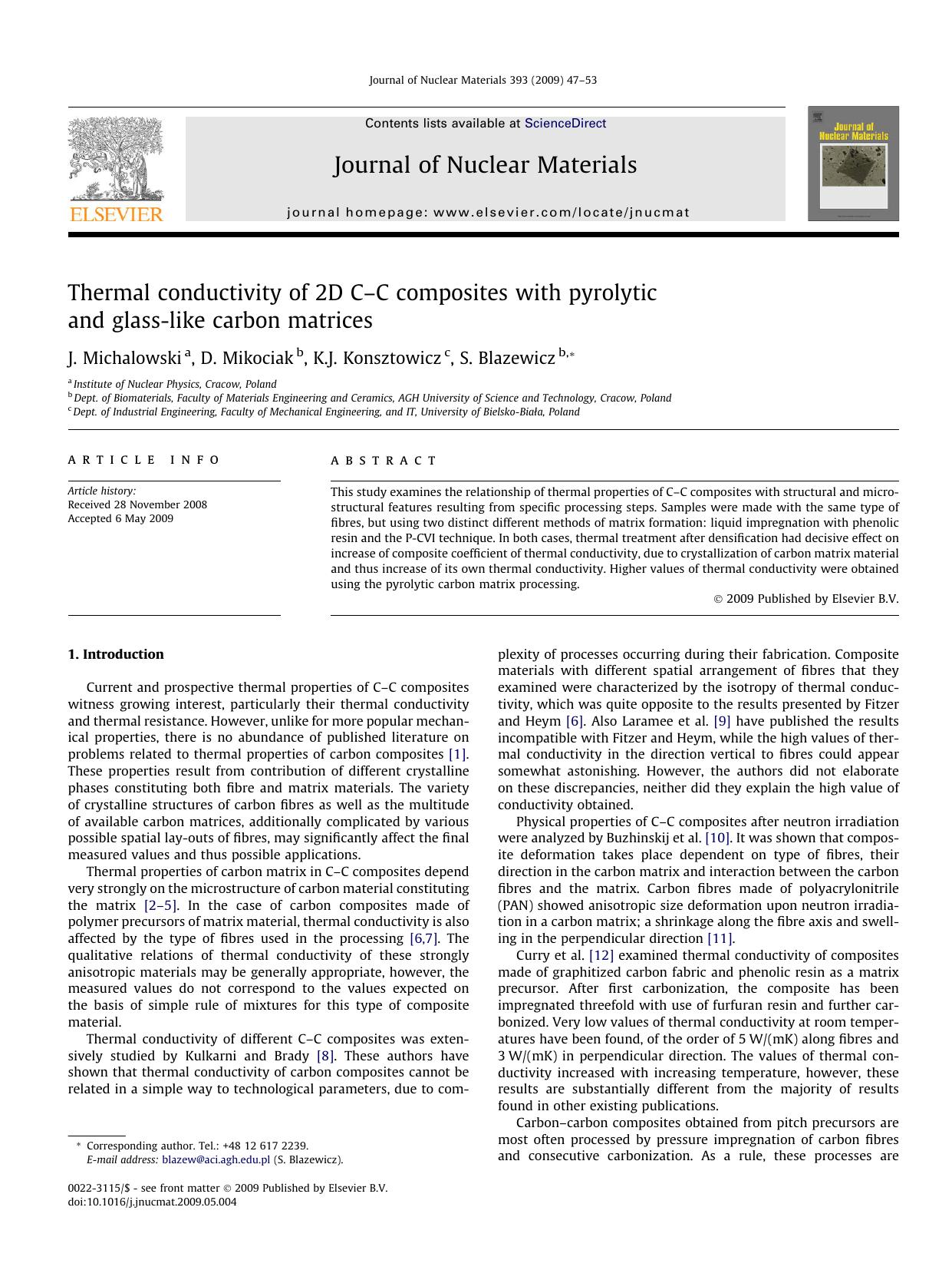 Thermal conductivity of 2D CâC composites with pyrolytic and glass-like carbon matrices by J. Michalowski; D. Mikociak; K.J. Konsztowicz; S. Blazewicz
