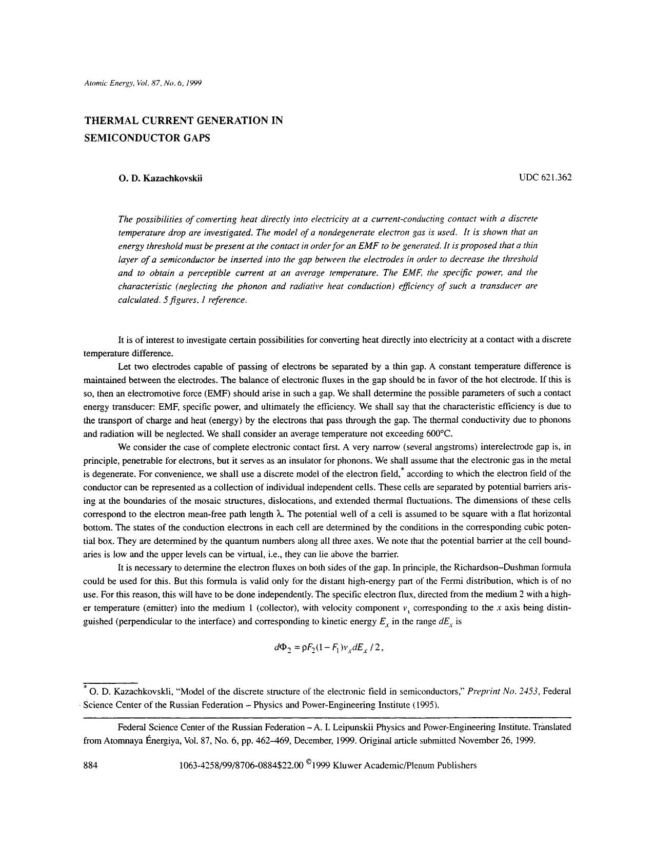 Thermal current generation in semiconductor gaps by Unknown