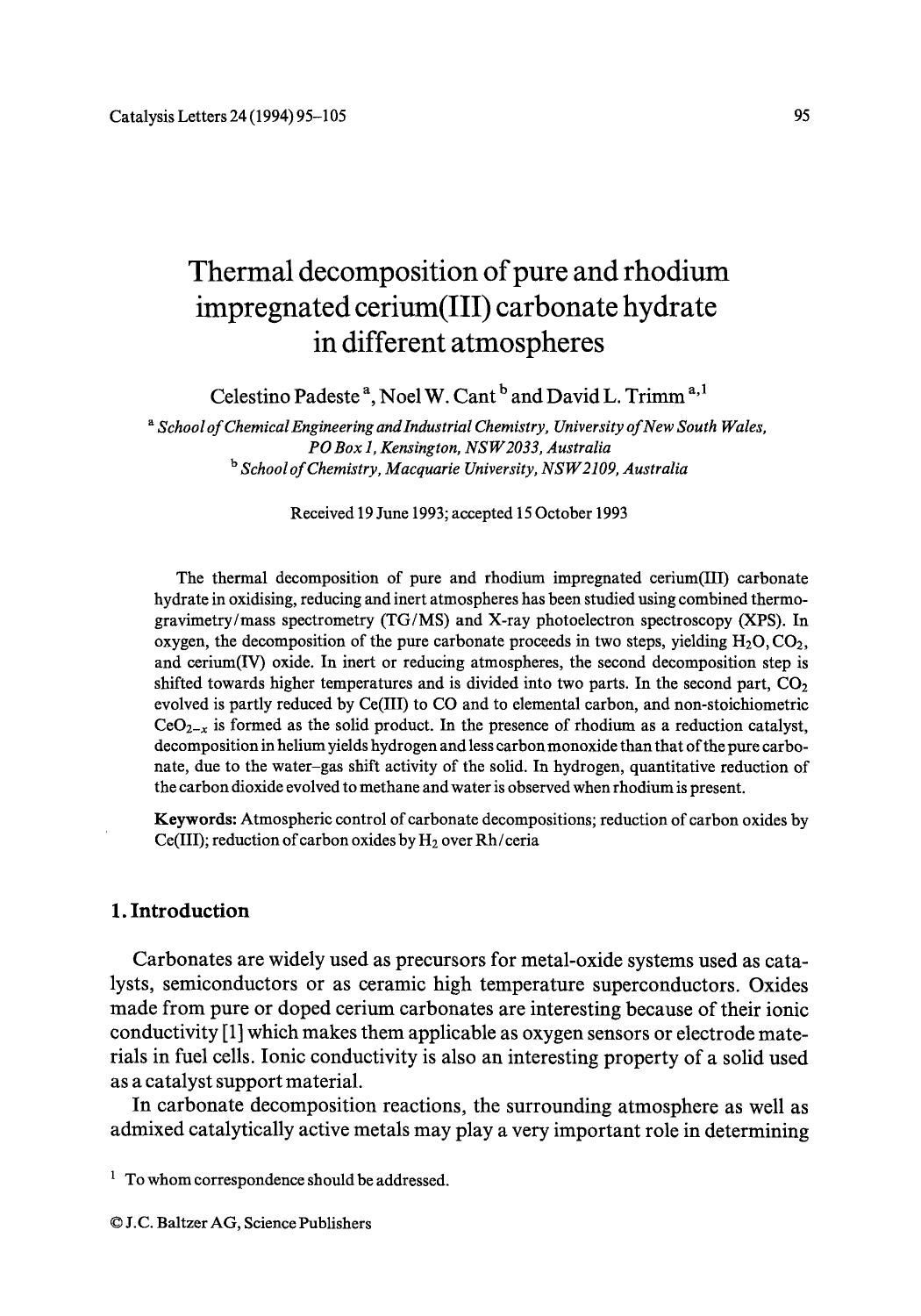 Thermal decomposition of pure and rhodium impregnated cerium(III) carbonate hydrate in different atmospheres by Unknown