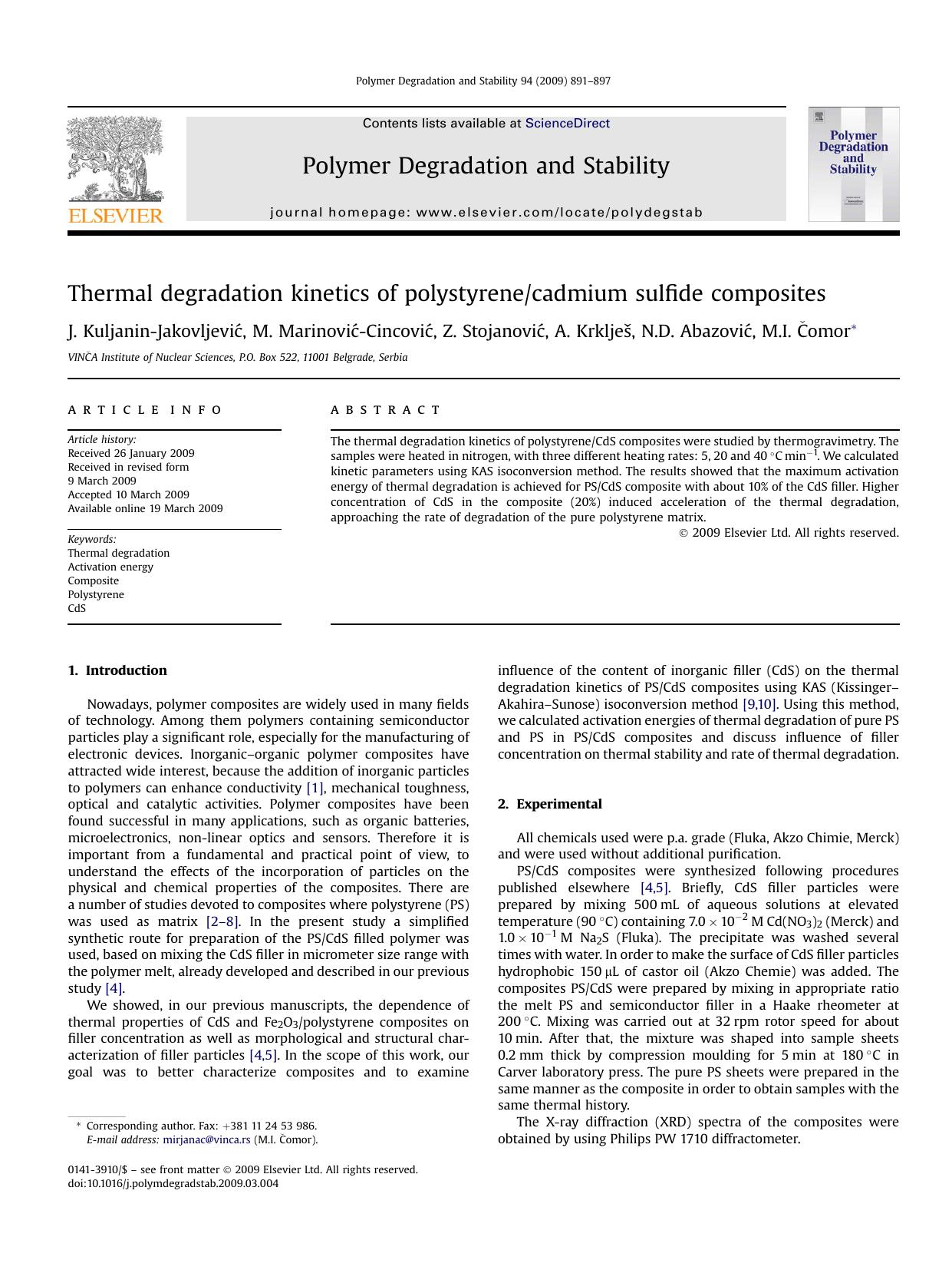 Thermal degradation kinetics of polystyrenecadmium sulfide composites by J. Kuljanin-JakovljeviC; M. MarinoviC-CincoviC; Z. StojanoviC; A. KrkljeS; N.D. AbazoviC; M.I. Comor
