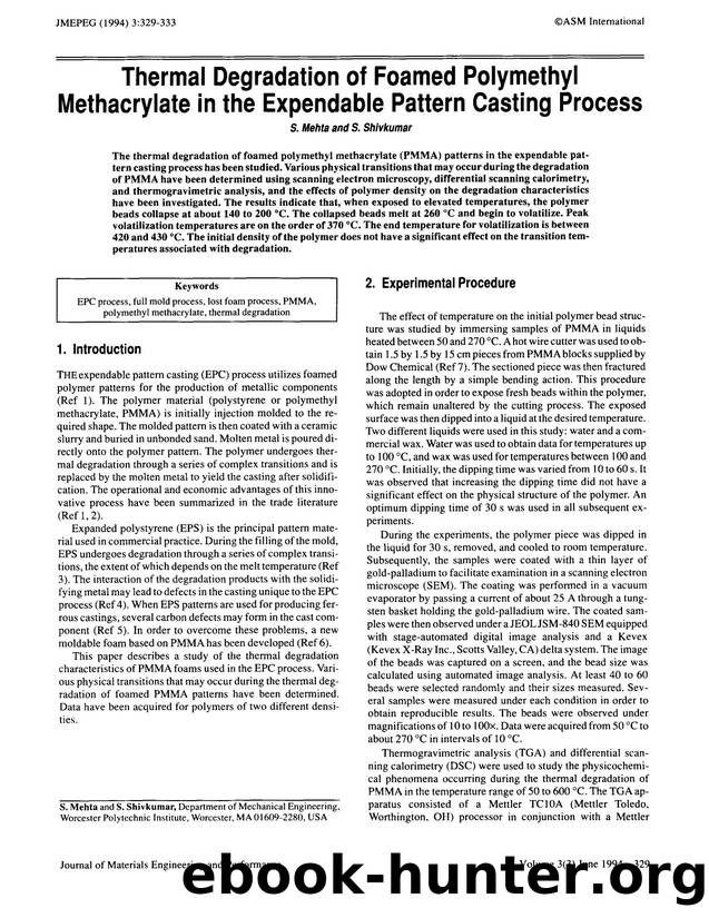 Thermal degradation of foamed polymethyl methacrylate in the expendable pattern casting process by Unknown