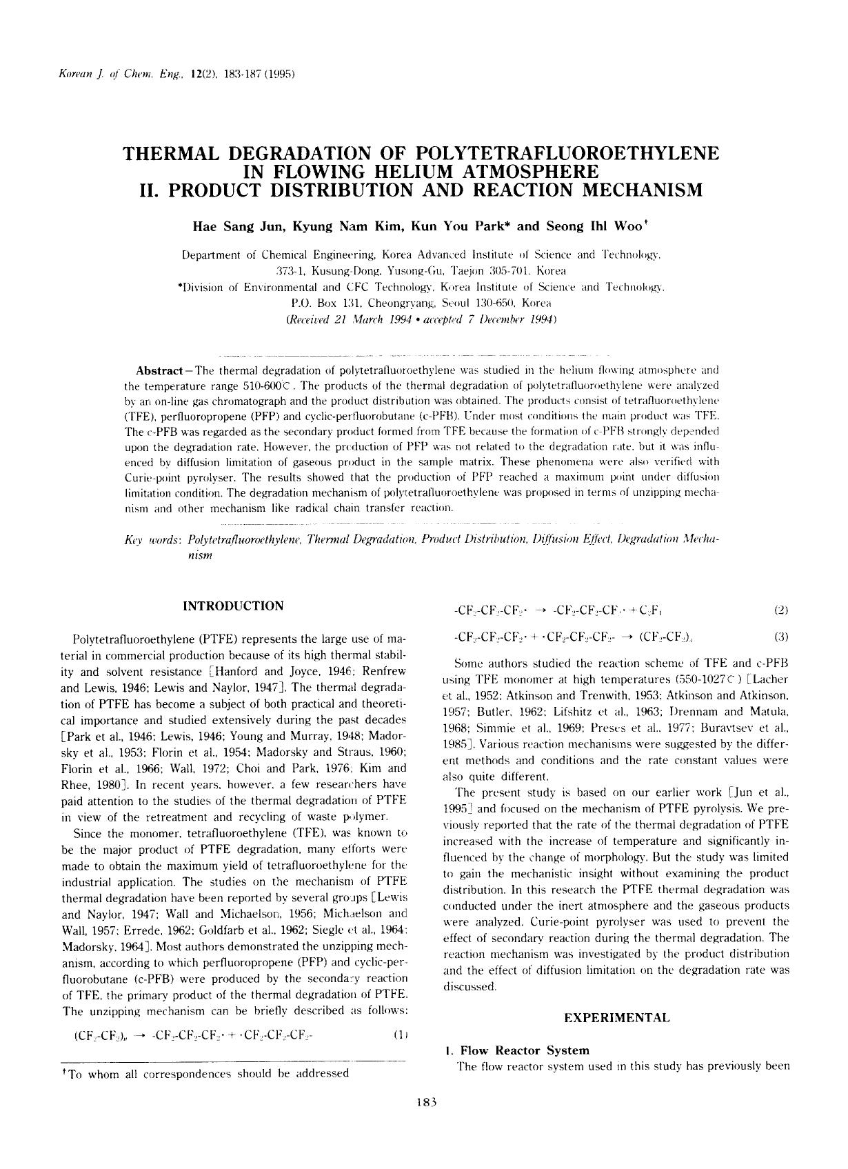 Thermal degradation of polytetrafluoroethylene in flowing helium atmosphere II. Product distribution and reaction mechanism by Unknown