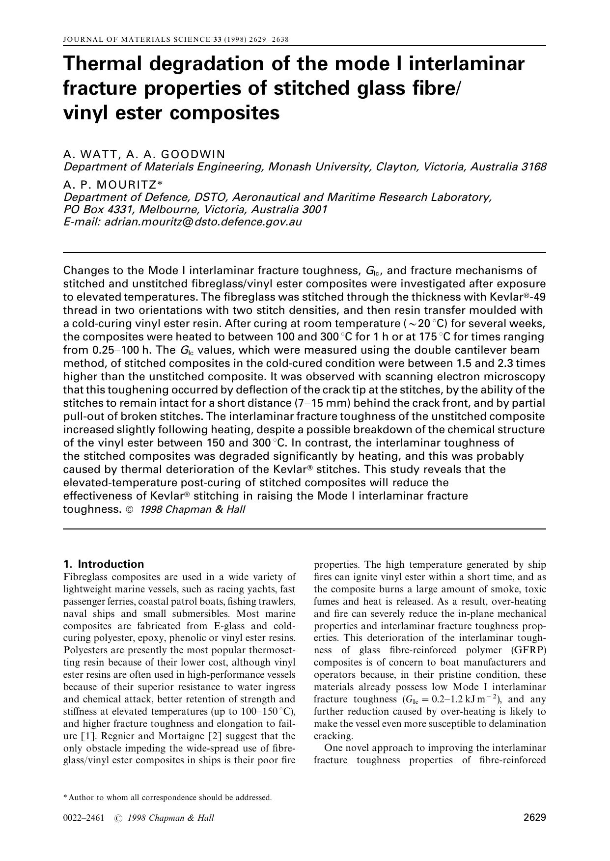 Thermal degradation of the mode I interlaminar fracture properties of stitched glass fibrevinyl ester composites by Unknown