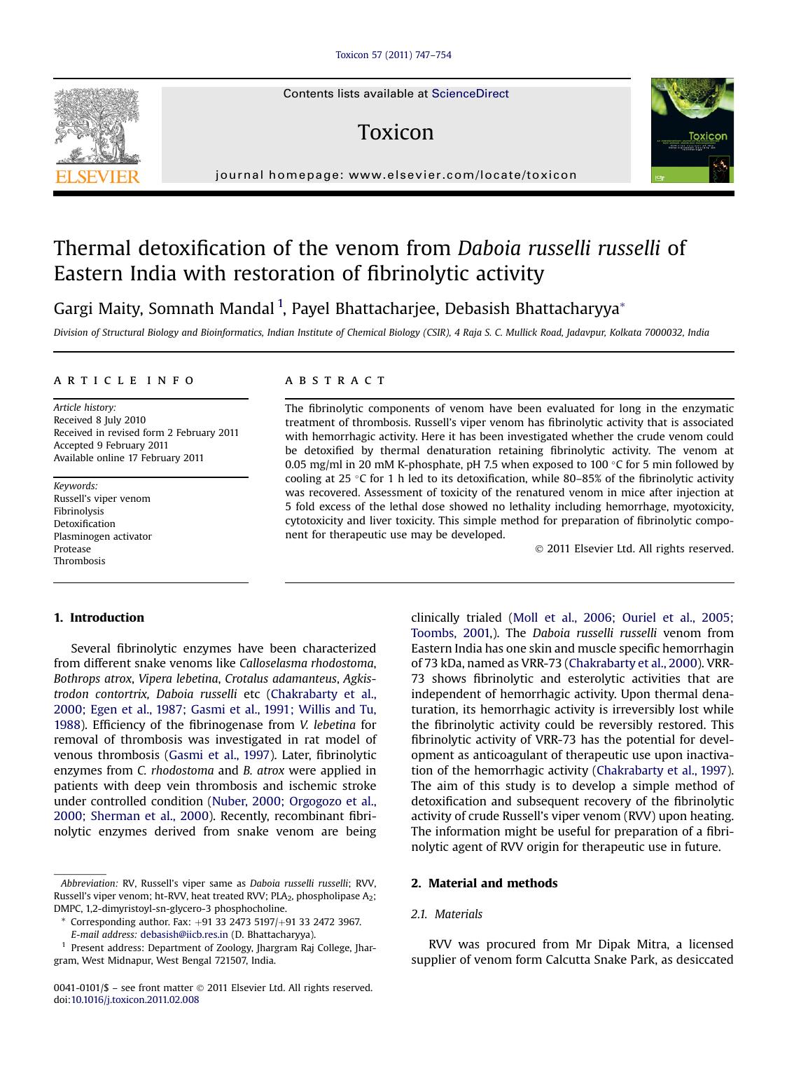 Thermal detoxification of the venom from Daboia russelli russelli of Eastern India with restoration of fibrinolytic activity by Gargi Maity & Somnath Mandal & Payel Bhattacharjee & Debasish Bhattacharyya
