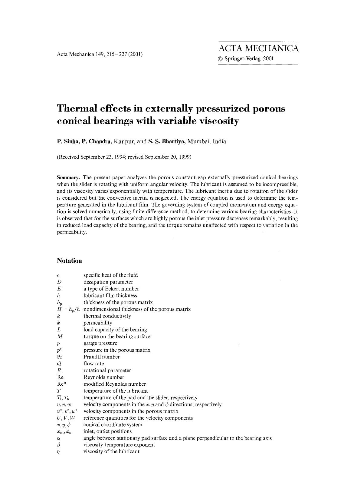 Thermal effects in externally pressurized porous conical bearings with variable viscosity by Unknown
