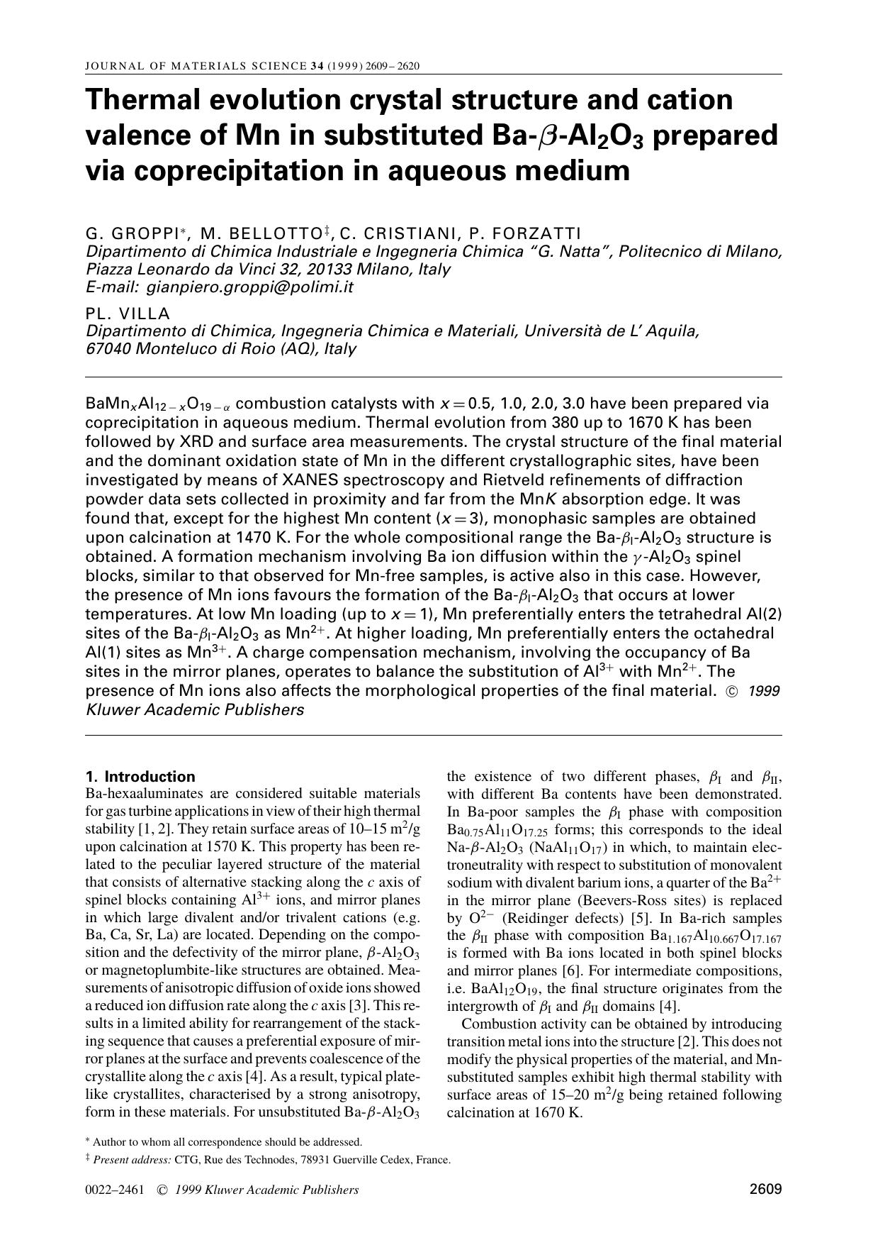 Thermal evolution crystal structure and cation valence of Mn in substituted Ba-β-Al2O3 prepared via coprecipitation in aqueous medium by Unknown