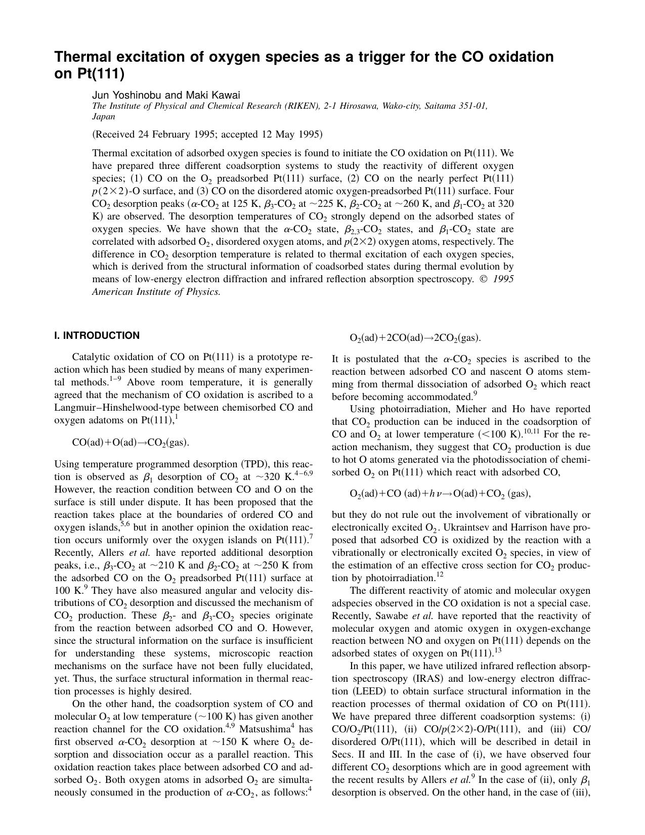 Thermal excitation of oxygen species as a trigger for the CO oxidation on Pt[111] by Jun Yoshinobu and Maki Kawai