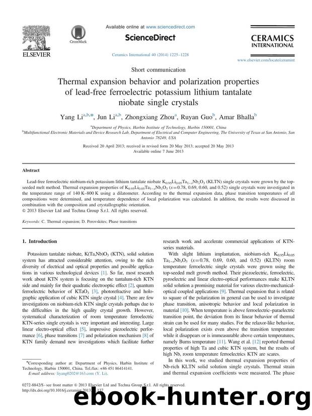 Thermal expansion behavior and polarization properties of lead-free ferroelectric potassium lithium tantalate niobate single crystals by Yang Li & Jun Li & Zhongxiang Zhou & Ruyan Guo & Amar Bhalla