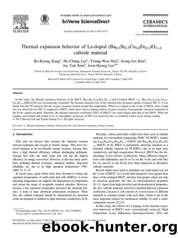 Thermal expansion behavior of La-doped (Ba0.5Sr0.5Co0.8Fe0.2)O3âÎ´ cathode material by Bo-Kyung Kang & Ho-Chang Lee & Young-Woo Heo & Jeong-Joo Kim & Jae Yuk Kim & Joon-Hyung Lee