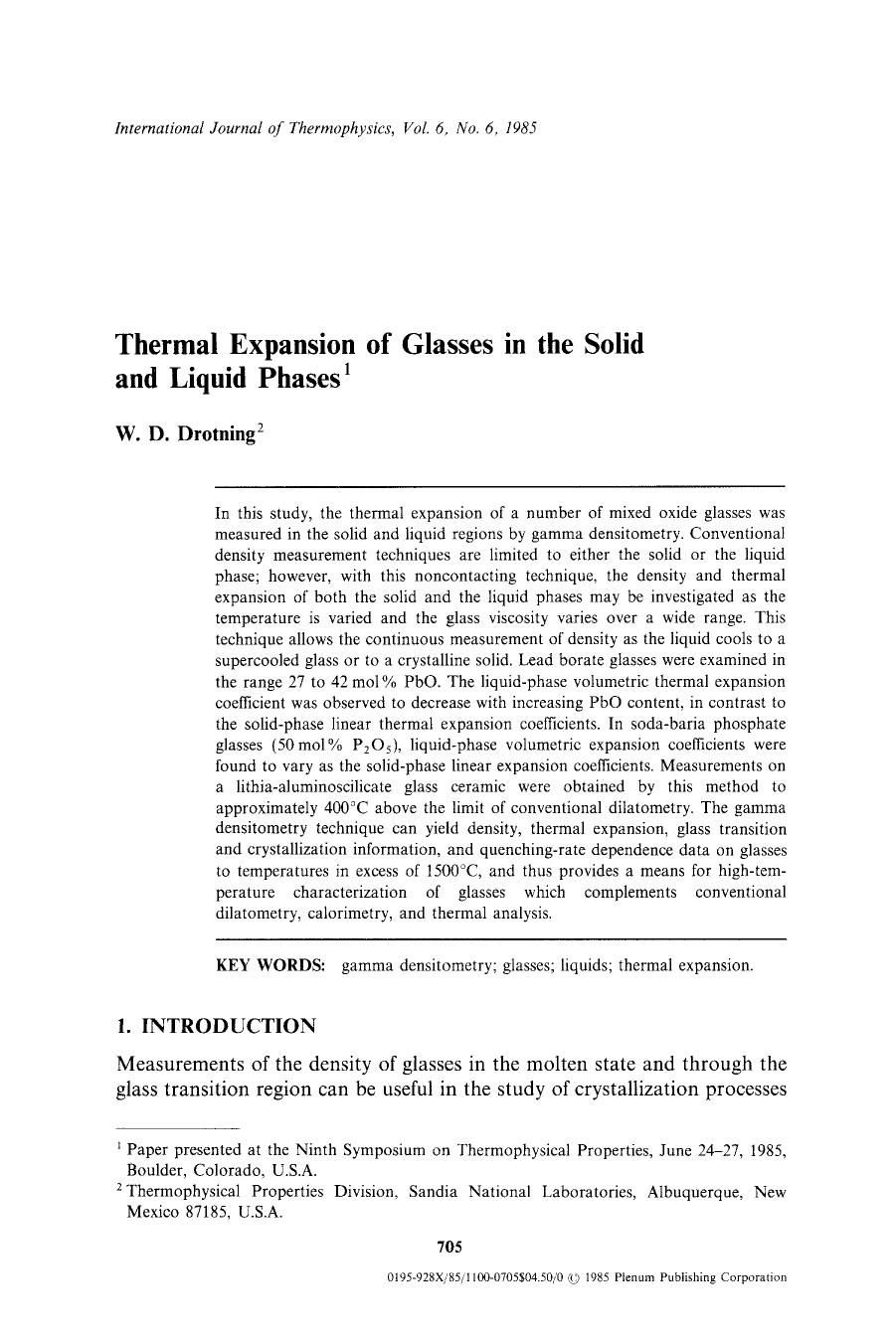 Thermal expansion of glasses in the solid and liquid phases by Unknown