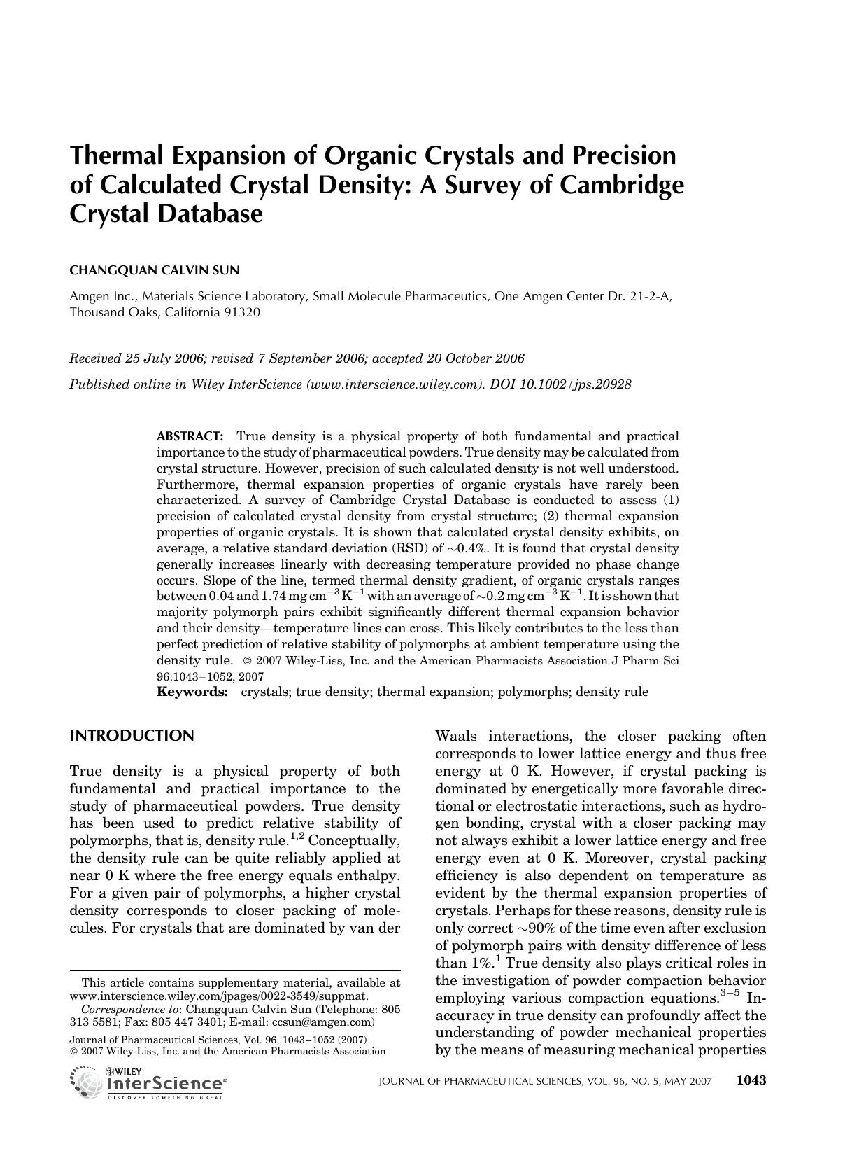 Thermal expansion of organic crystals and precision of calculated crystal density: A survey of Cambridge Crystal Database by Unknown