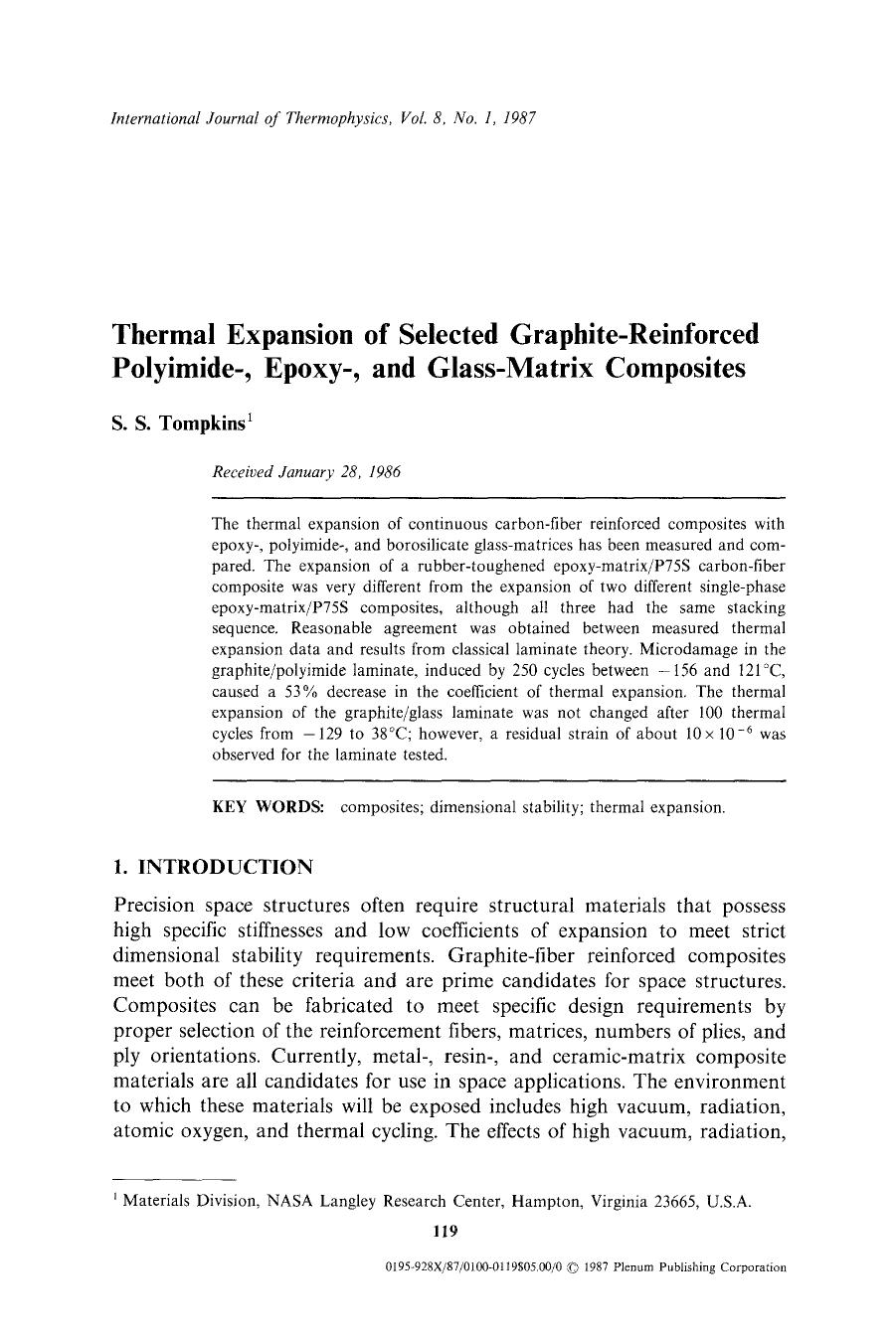 Thermal expansion of selected graphite-reinforced polyimide-, epoxy-, and glass-matrix composites by Unknown