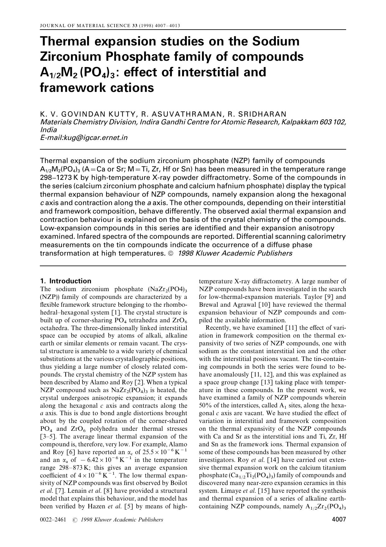 Thermal expansion studies on the Sodium Zirconium Phosphate family of compounds A12M2 (PO4)3: effect of interstitial and framework cations by Unknown