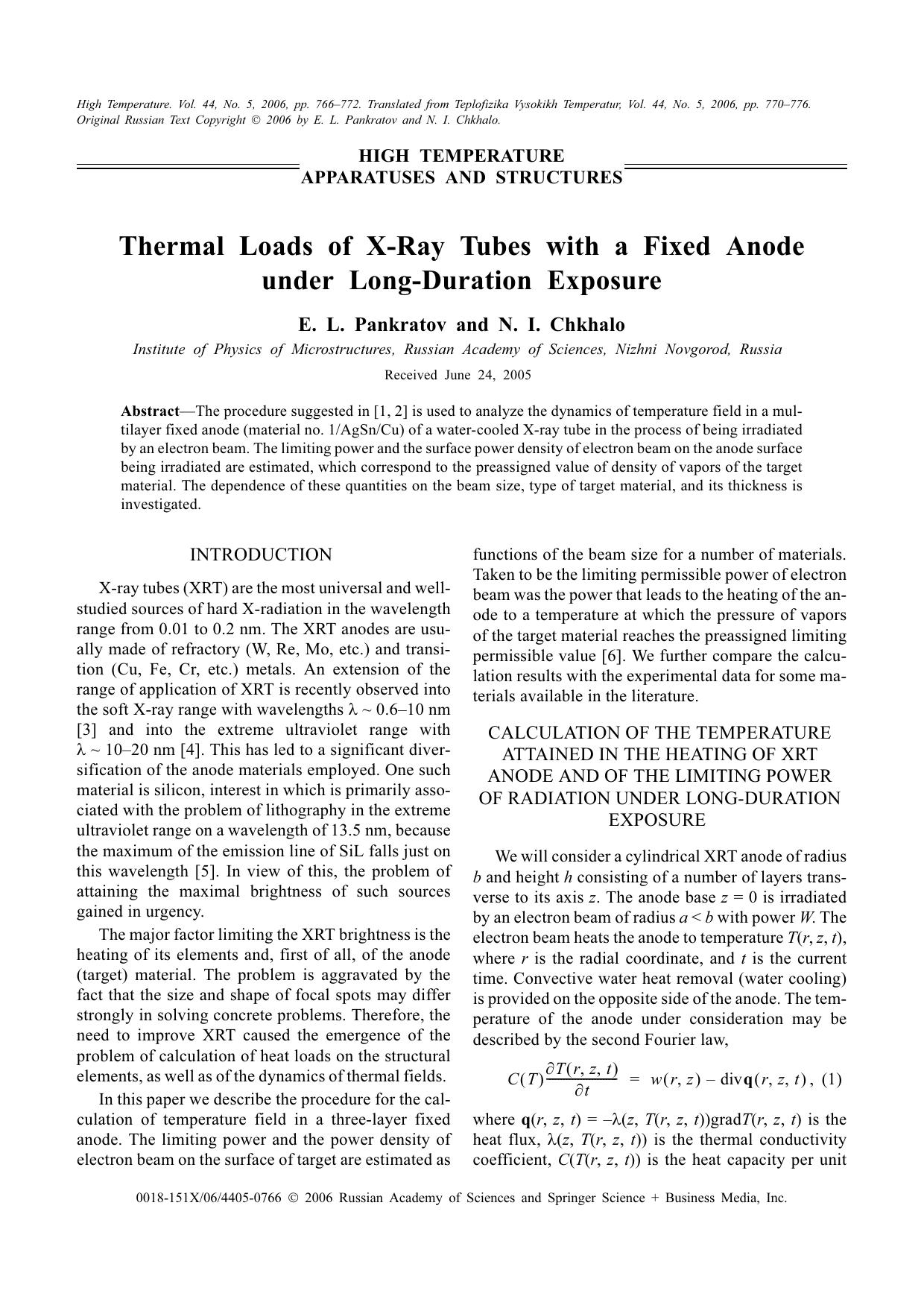 Thermal loads of X-ray tubes with a fixed anode under long-duration exposure by Unknown