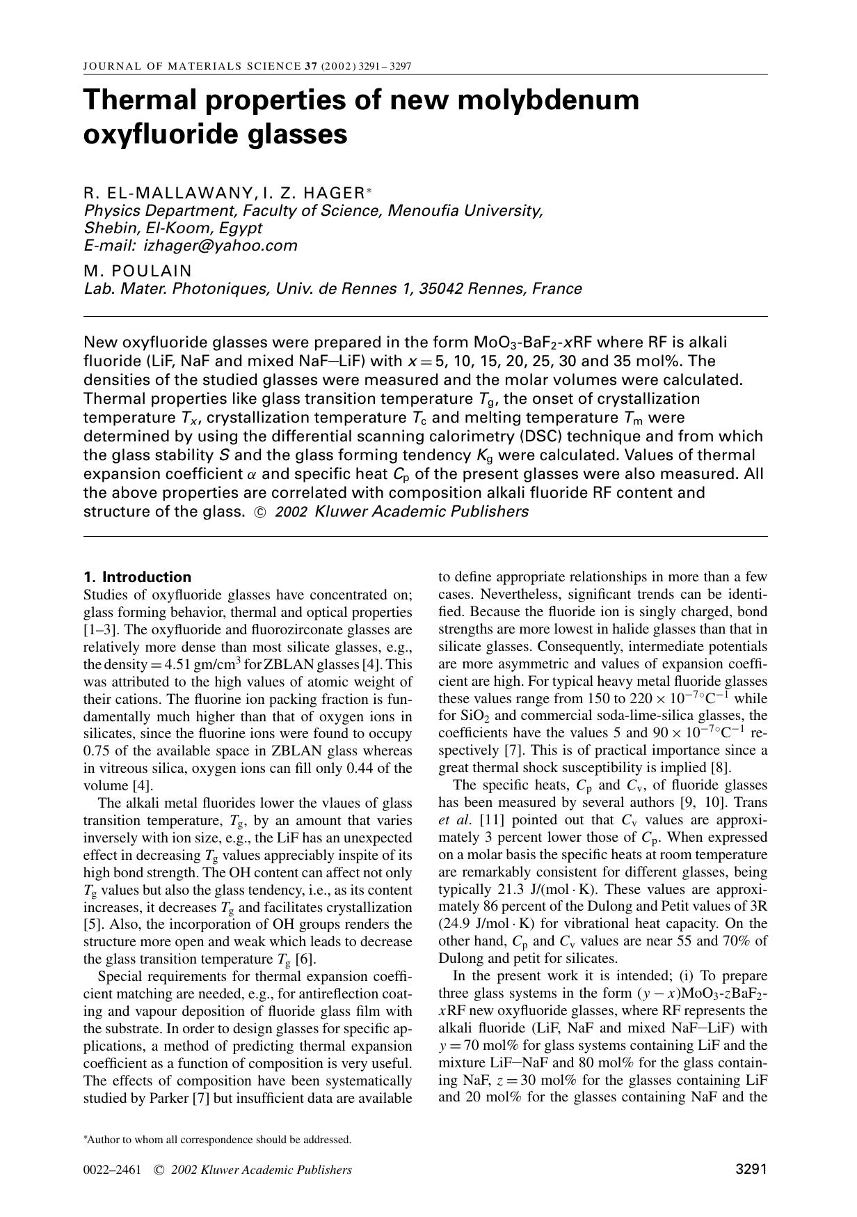 Thermal properties of new molybdenum oxyfluoride glasses by Unknown