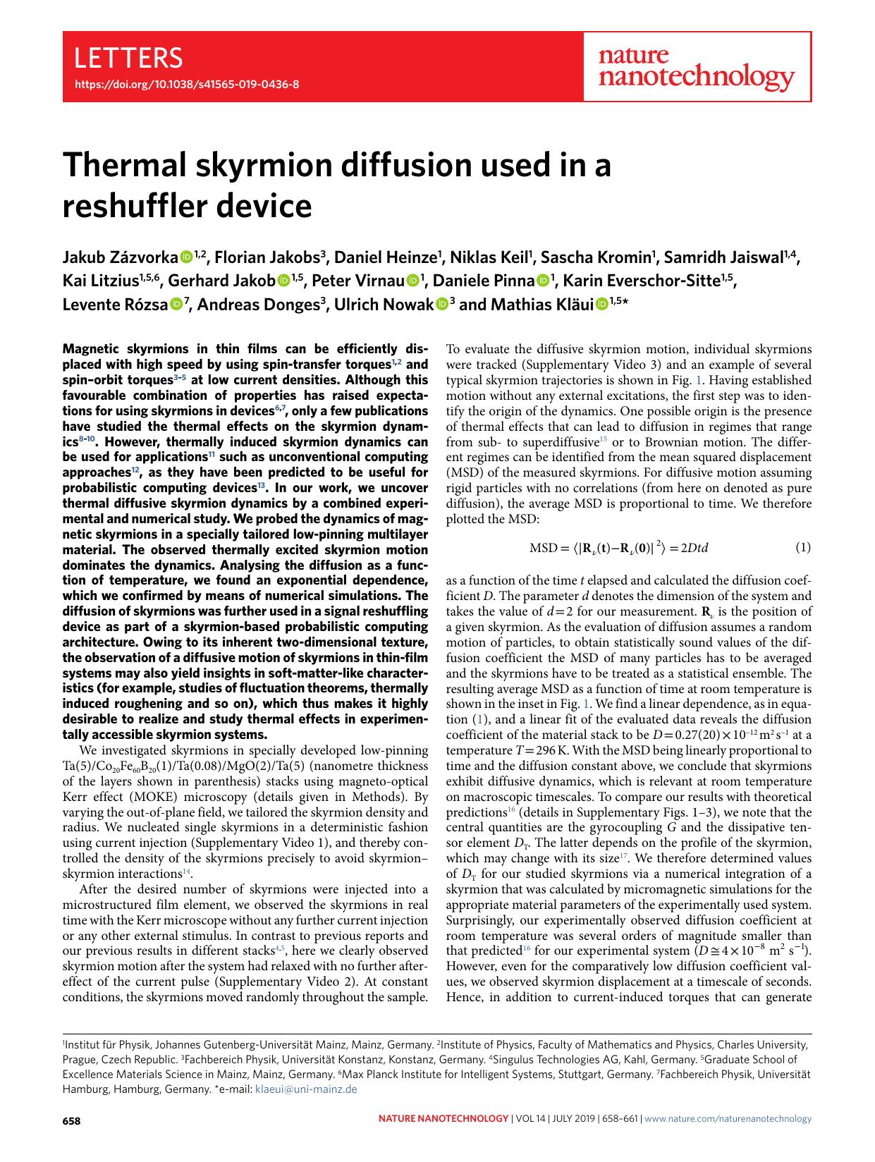 Thermal skyrmion diffusion used in a reshuffler device by unknow