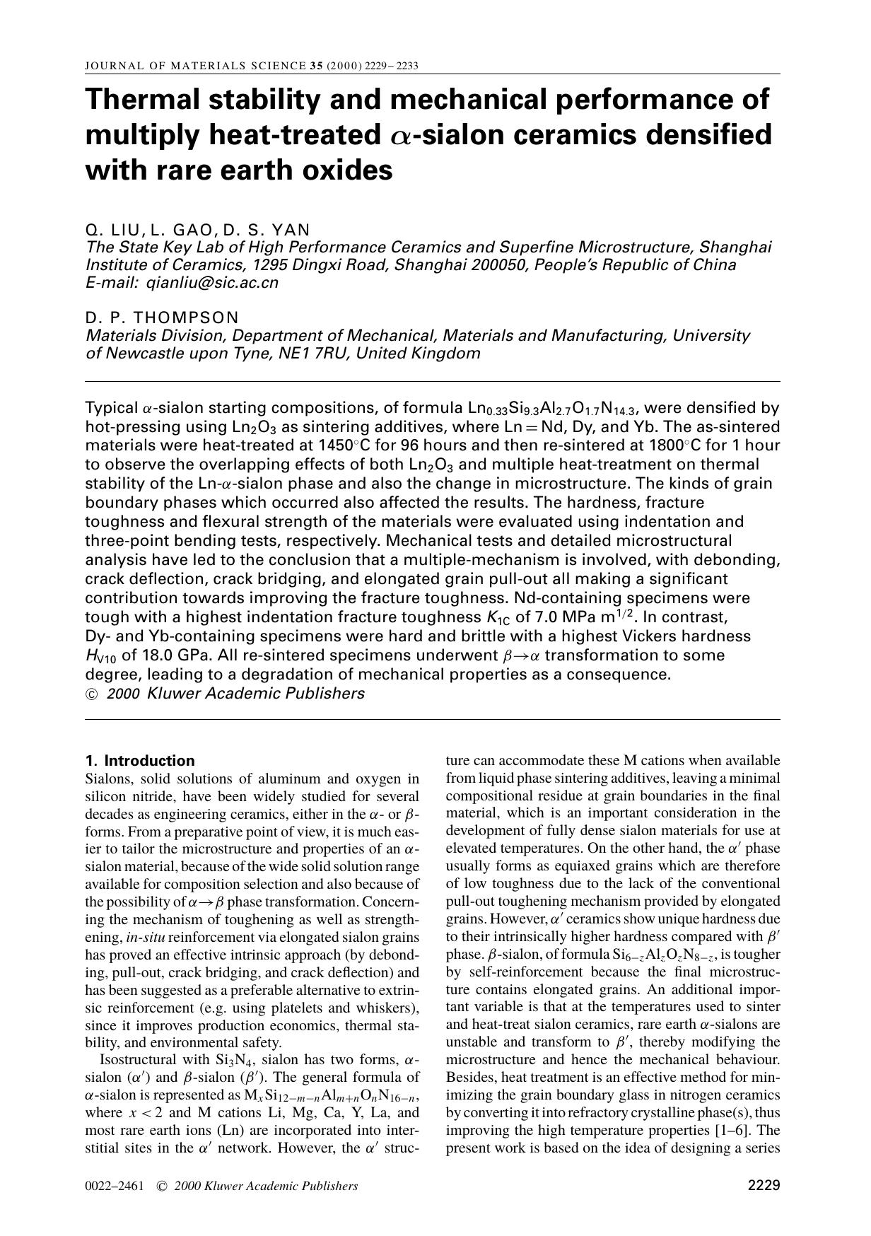 Thermal stability and mechanical performance of multiply heat-treated α-sialon ceramics densified with rare earth oxides by Unknown